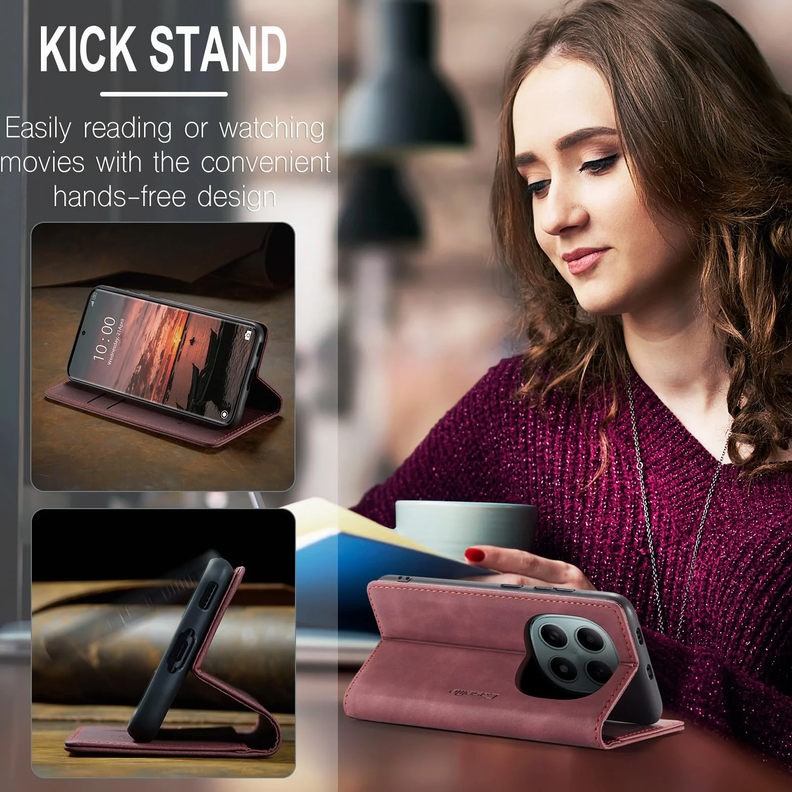 Portfel Etui do Xiaomi Redmi Note 15 4G Case, Skórzane PU z Klapką, Pełna Ochrona Przegródki na Karty Stojak Magnetyczna Kieszeń do Xiaomi Redmi Note 15 4G, Czerwone wino