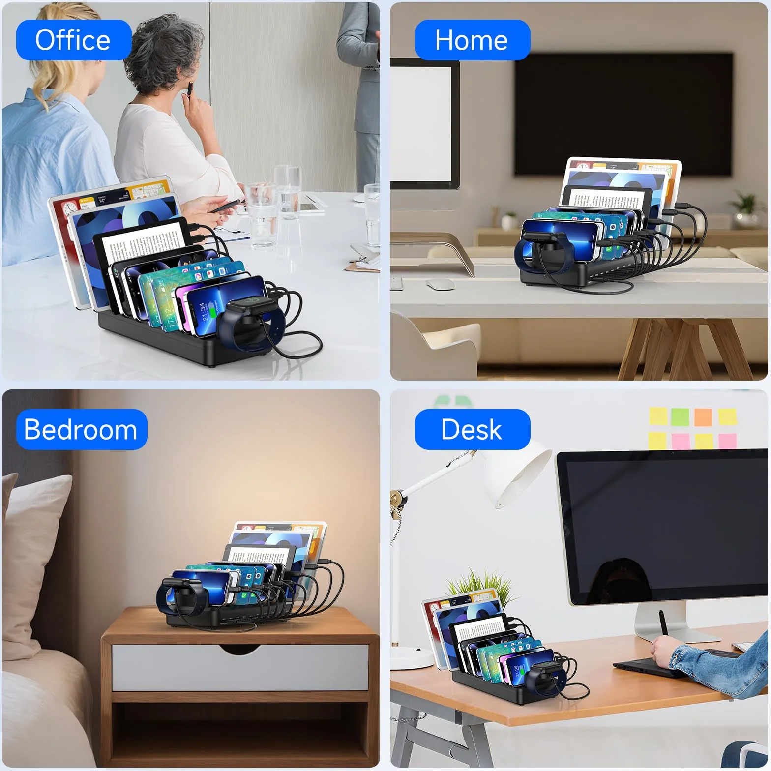 Stacja ładująca 285 W do wielu urządzeń, 10 portów, szybki organizer na wiele urządzeń, kompatybilny z laptopem MacBook Pro, iPhone'em, Androidem, iPadem, tabletem, Kindle, stacją ładującą na wiele