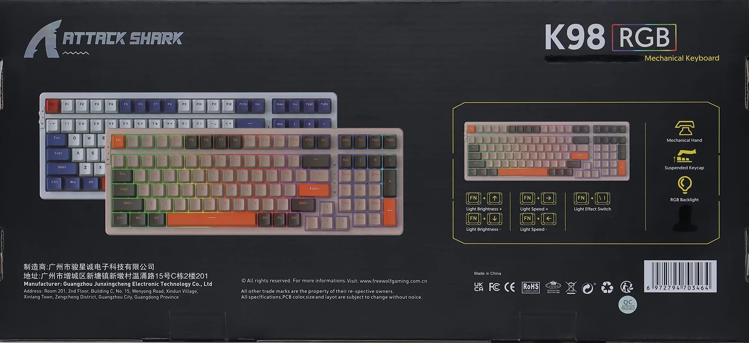 ATTACK SHARK K98 Przewodowa klawiatura mechaniczna do gier z odłączanym metalowym kablem USB C,18 LED RGB Illumination, Customized Red Switch, Programmable Actuation, 100 klawiszy dla Mac/Win（shimmer）