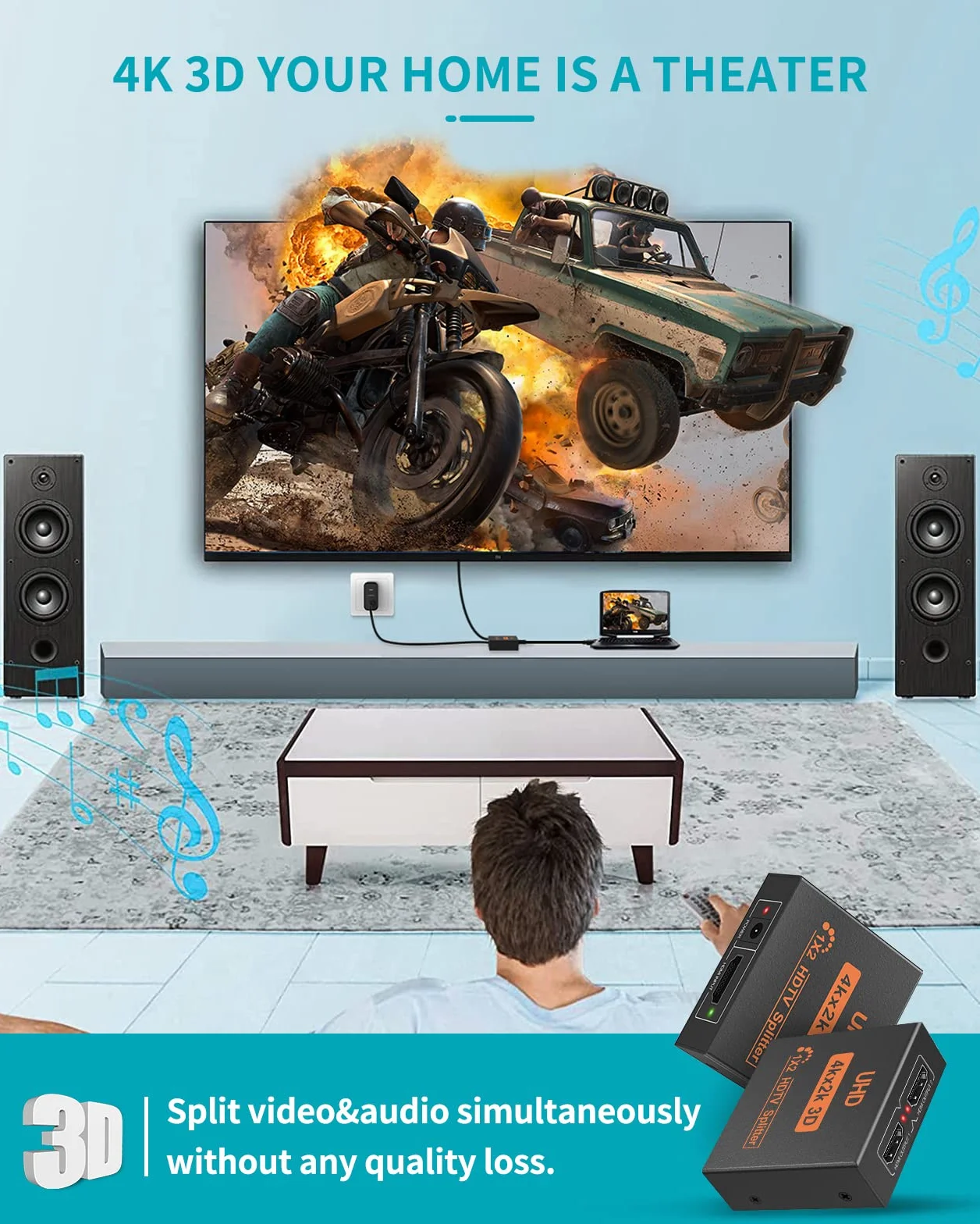 Splitter HDMI 1 in 2 out 4K Rozdzielacz na 2 Monitory Adapter do PC Laptopa Projektora Lustrzanie