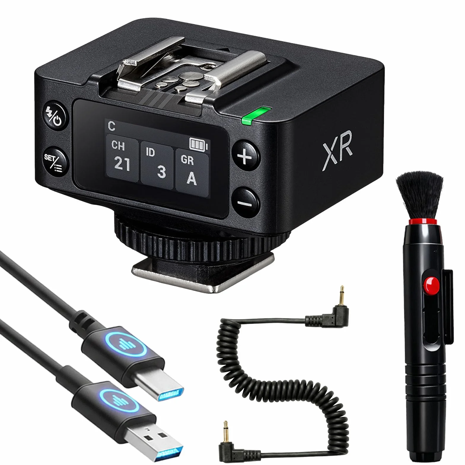 Godox XR TTL Odbiornik bezprzewodowy dla Canon i Nikon, system X 2,4 GHz, zintegrowana bateria litowa, ulepszony wyświetlacz LCD, bezprzewodowa kontrola spustu, kabel synchronizacyjny i kabel USB-C