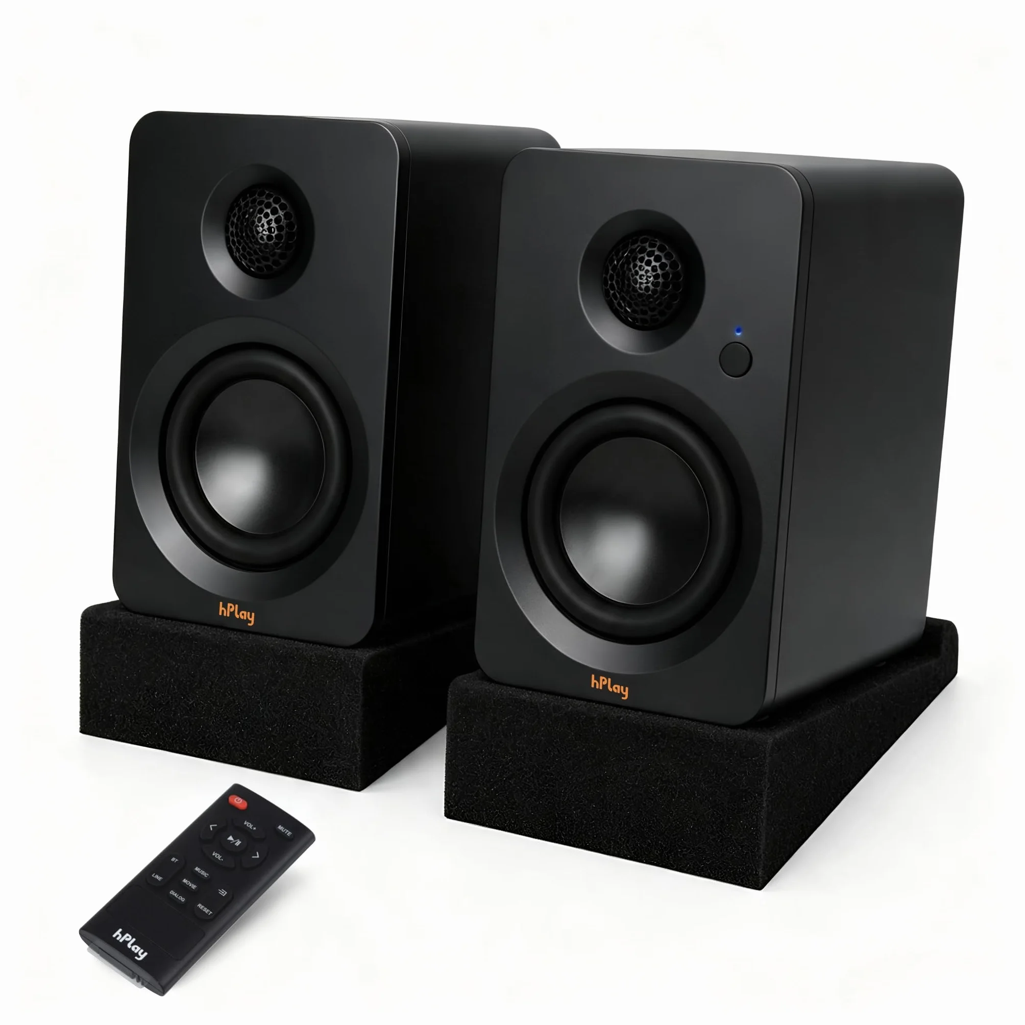 hPlay BS32B głośnik aktywny – 60 W głośnik PC z Bluetooth 5.3, karta dźwiękowa USB-C, wyjście subwoofera i pilot zdalnego sterowania, płyta absorbująca, kompaktowe głośniki regałowe (czarny)