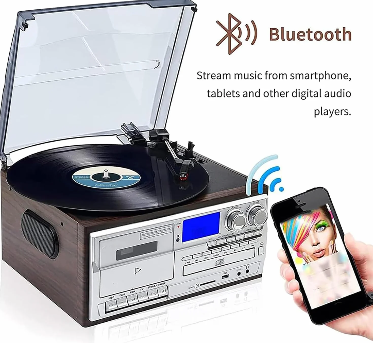 Odtwarzacz płyt winylowych i magnetofon kasetowy z Bluetooth, radiem FM, wbudowanymi głośnikami, USB, odtwarzaczem CD, 3-biegowym gramofonem vintage, osłona przeciwpyłowa