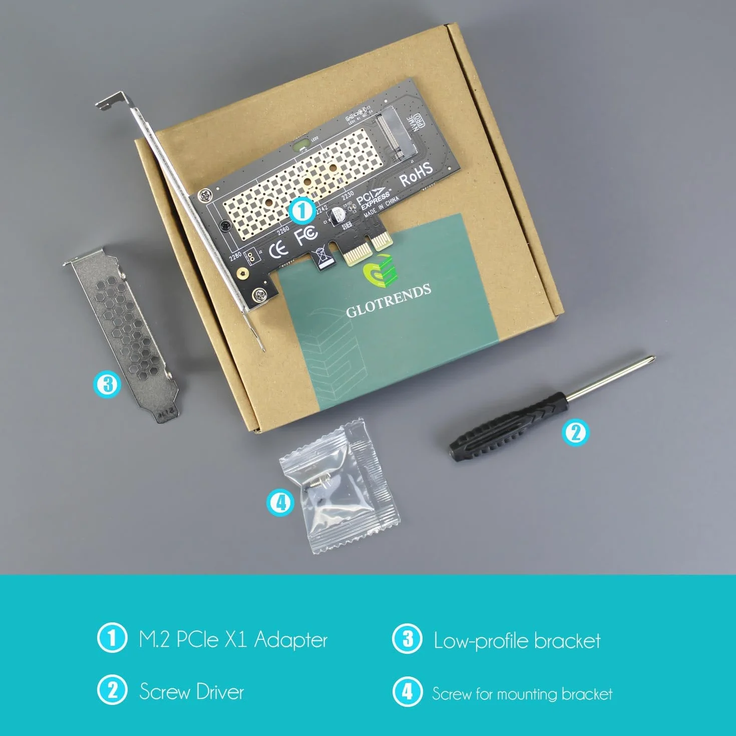 GLOTRENDS PA09-X1 Adapter M.2 NVMe na PCIe X1 dla 2230/2242/2260/2280 M.2 NVMe SSD, instalacja PCIe X1