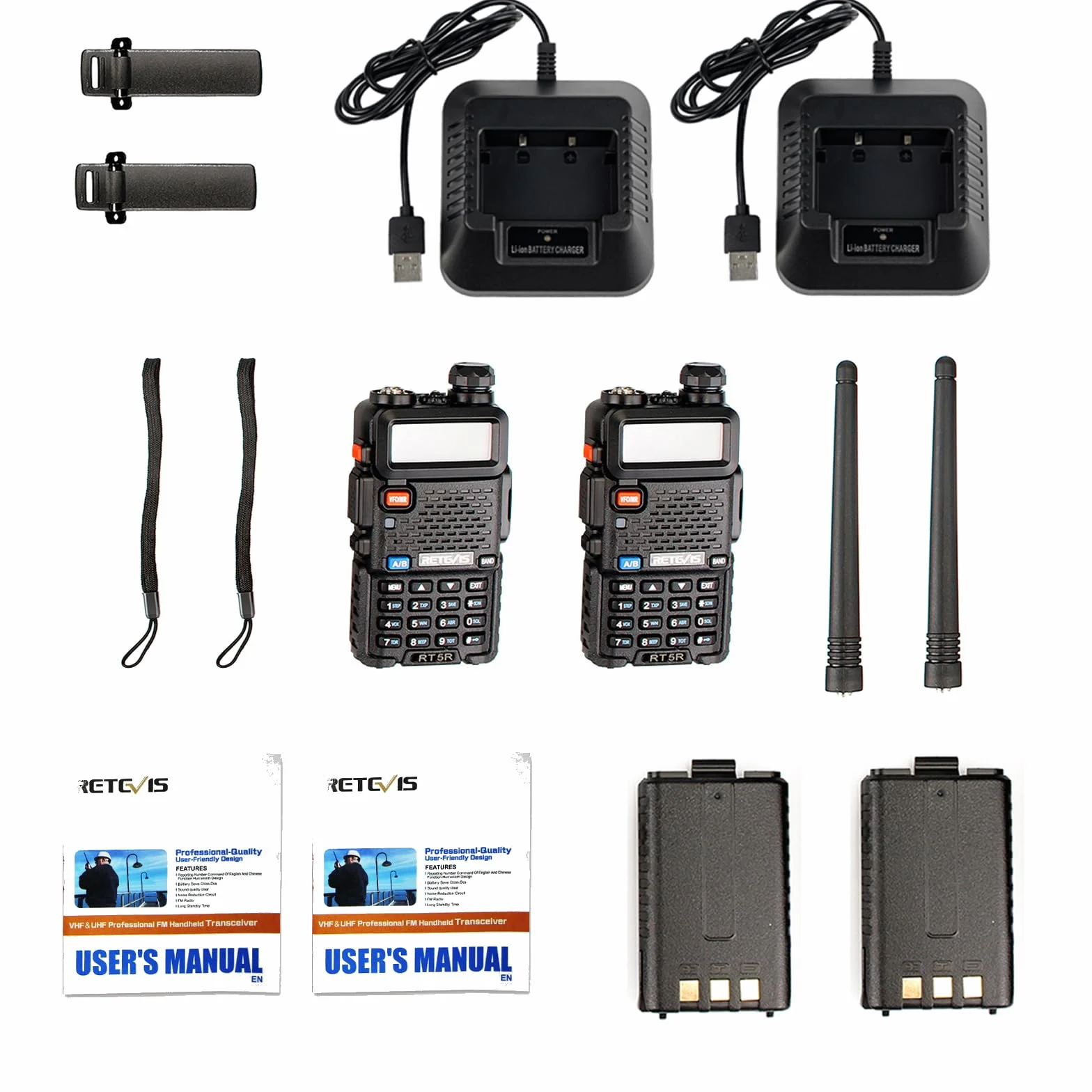 Retevis RT5R Walkie Talkie Professional, Dwuzakresowy Walkie Talkie Dalekiego Zasięgu z Ładowarką USB, Krótkofalówka 128 Kanałów VOX FM Radio Alarm Awaryjny Magazynu, Polowanie, Nagły (Czarny, 2 Szt)