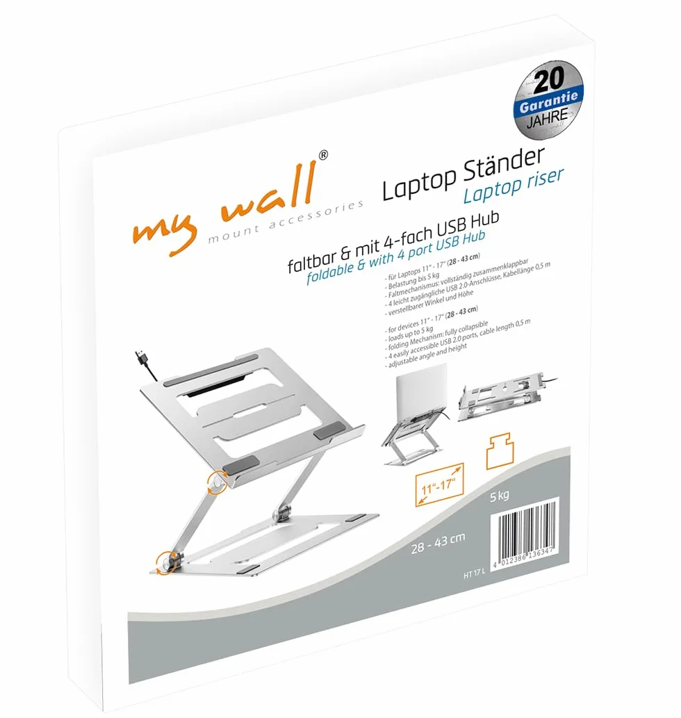 myWall Stojak na laptopa HT17L, ergonomiczny uchwyt na laptopa na biurko, notebooka i MacBook, kompatybilny z 11-17 cali, wentylowany i składany, uchwyt na laptopa