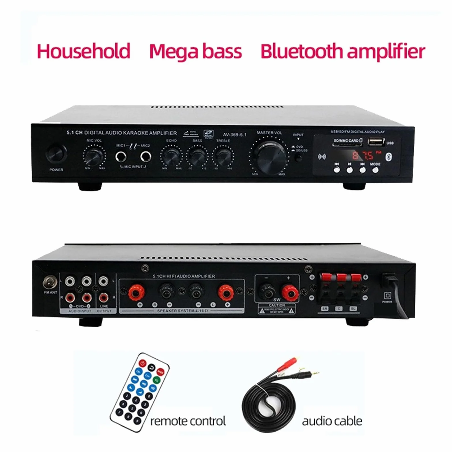 Wzmacniacz stereo Bluetooth 5.1 Odbiornik 6-kanałowy system kina domowego Elementy wzmacniacza