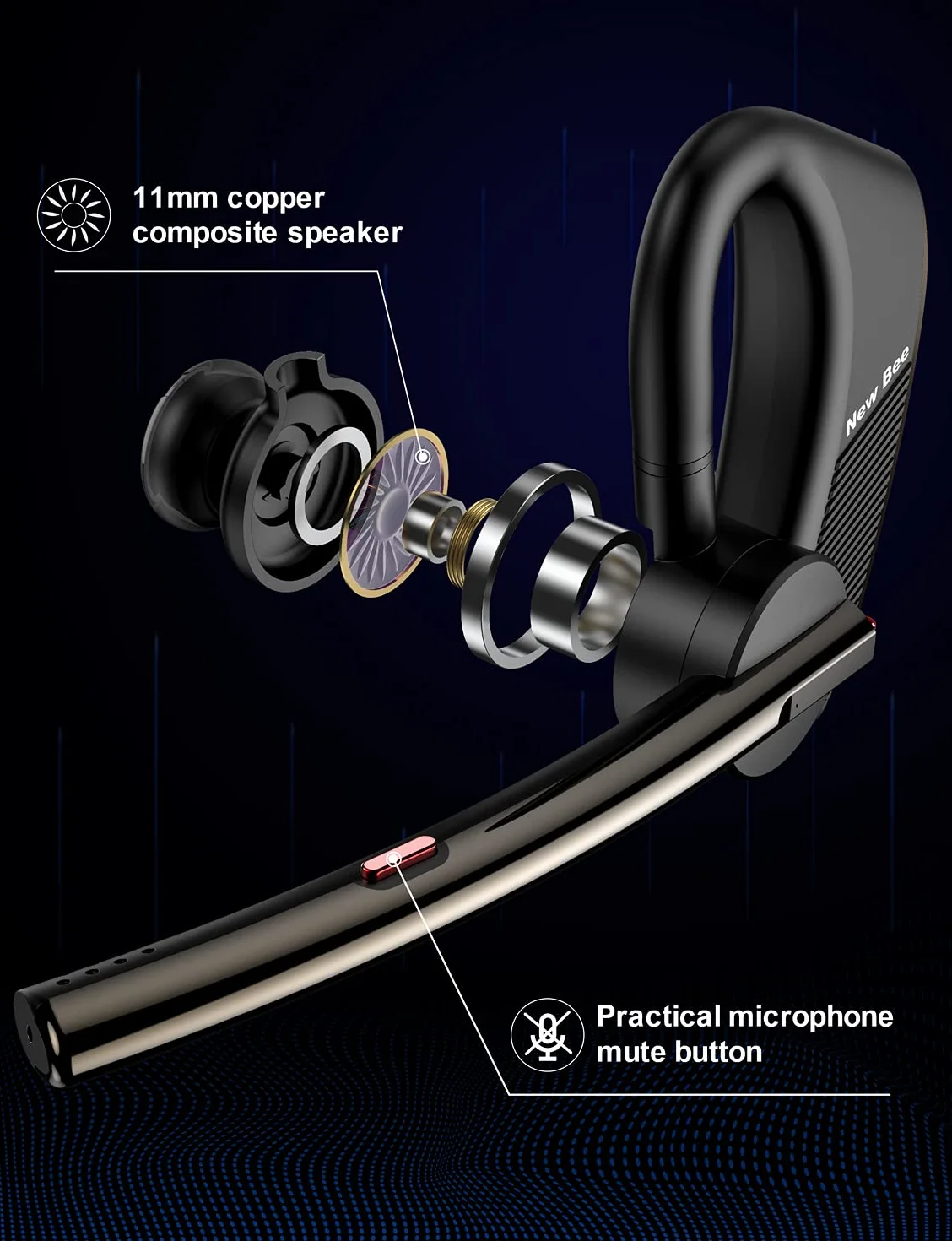 New bee Zestaw słuchawkowy Bluetooth zestaw głośnomówiący Bluetooth V5.2 pojedyncze ucho lekka słuchawka z 24-godzinnym czasem rozmów do iPhone'a, Androida i laptopa
