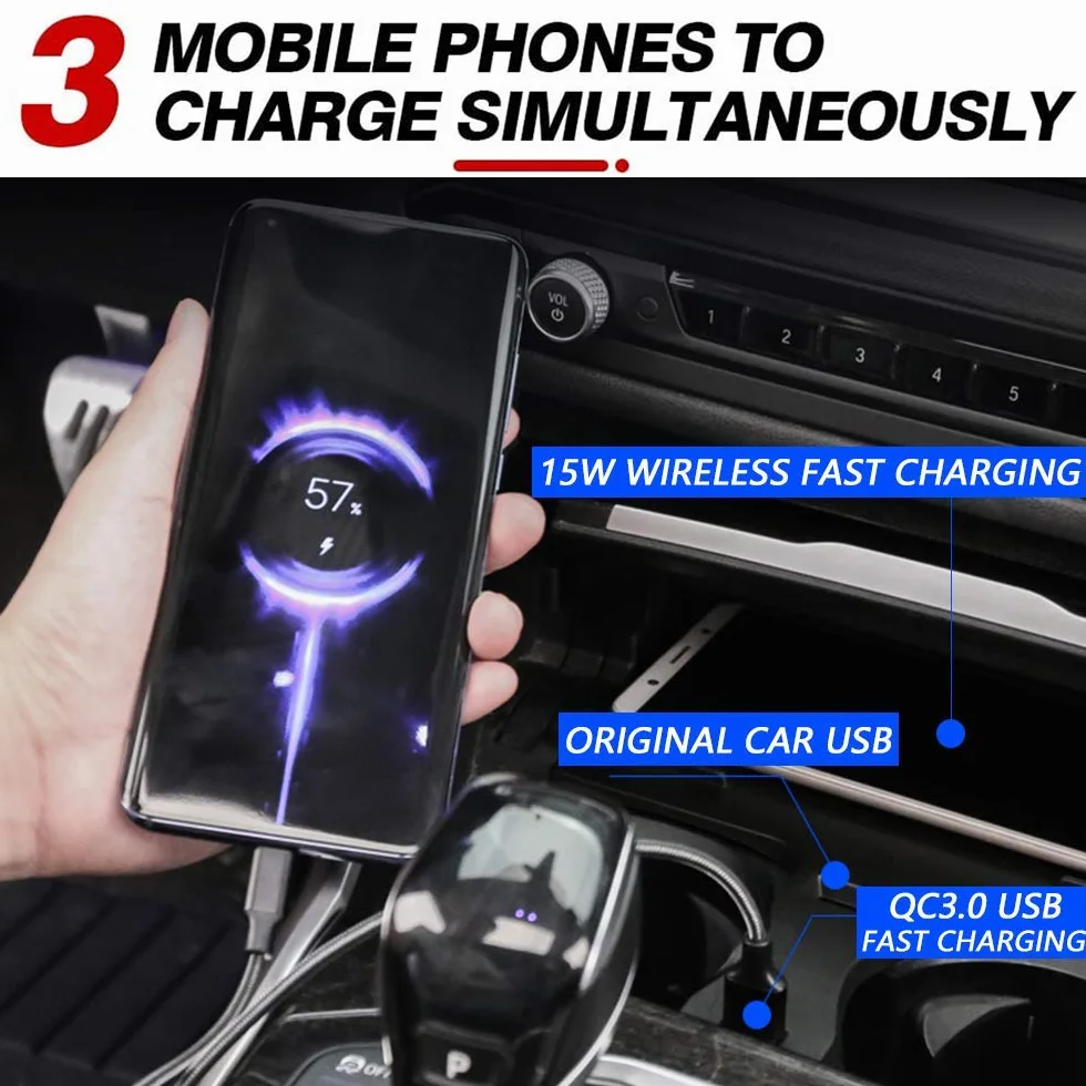 Bezprzewodowa ładowarka samochodowa do BMW serii 5 2018 2019 2020 2021 panel akcesoriów konsoli środkowej, 15 W Qi szybka ładowarka do telefonu z QC3.0 USB do iPhone 12/11/XS/X/8 Samsung
