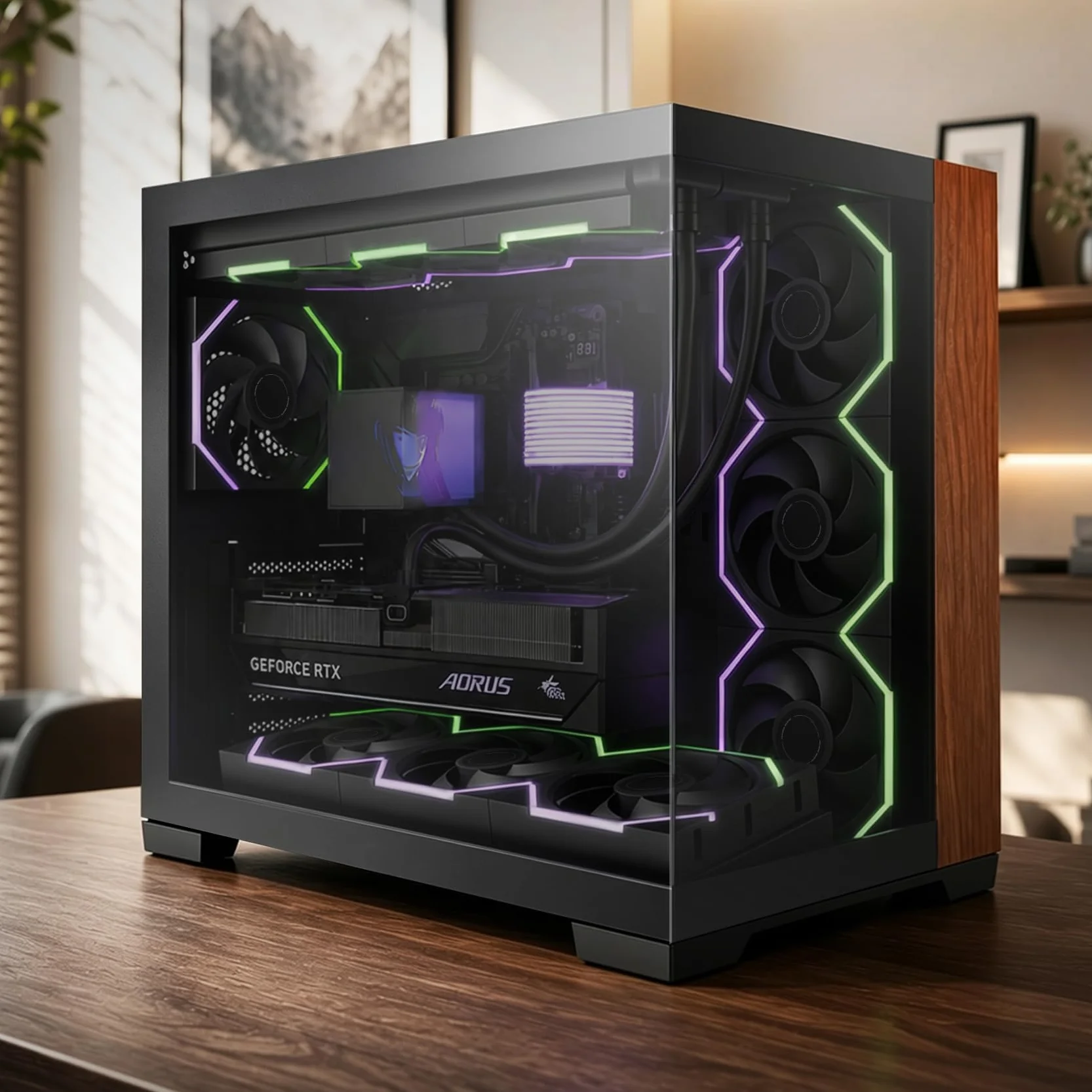 AsiaHorse Scutum Ultra ATX obudowa PC, Panorama Mid Tower z 6 wentylatorami Nyota Pro Reverse ARGB i koncentratorem Umbra, Back-Connect ATX, drewniany akcent, grzejnik 360 mm, typ C 20 Gbps, czarna