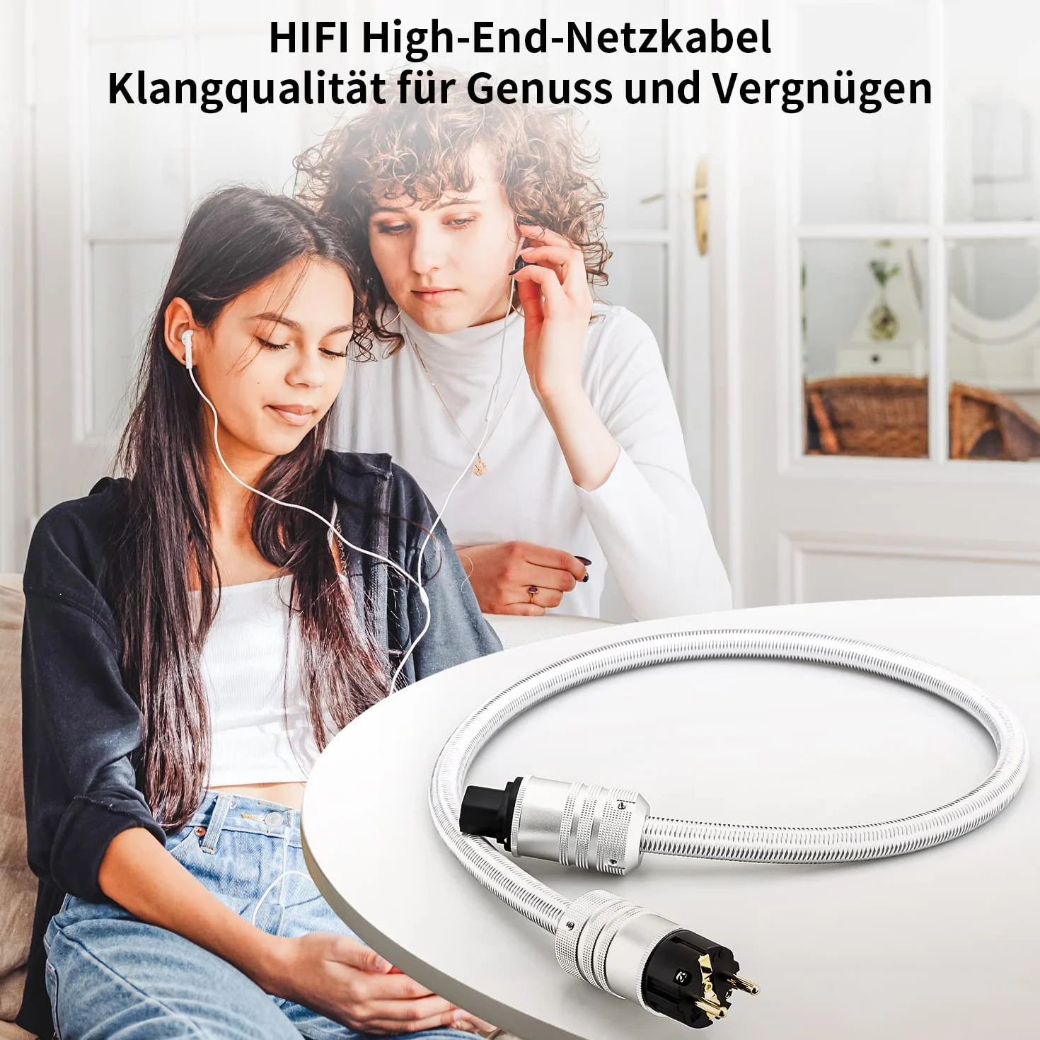 Kabel zasilający Hi-Fi, posrebrzany biały 1-metrowy przewód zasilający High-End z wtyczką Schuko i wtyczką do urządzeń zimnych, kabel zasilający Hi-Fi, do audio, wideo i kina domowego