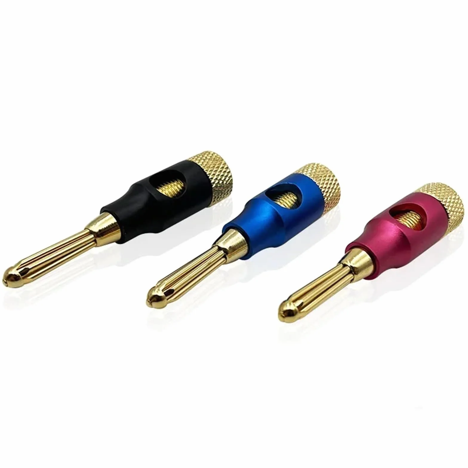 Wtyk bananowy z metalu, 4 mm, wtyk bananowy z czystej miedzi, pozłacany czystym złotem, głośnik do kabli audio i wideo, banany bez lutowania, możliwość układania w stos z boku, 4 sztuki