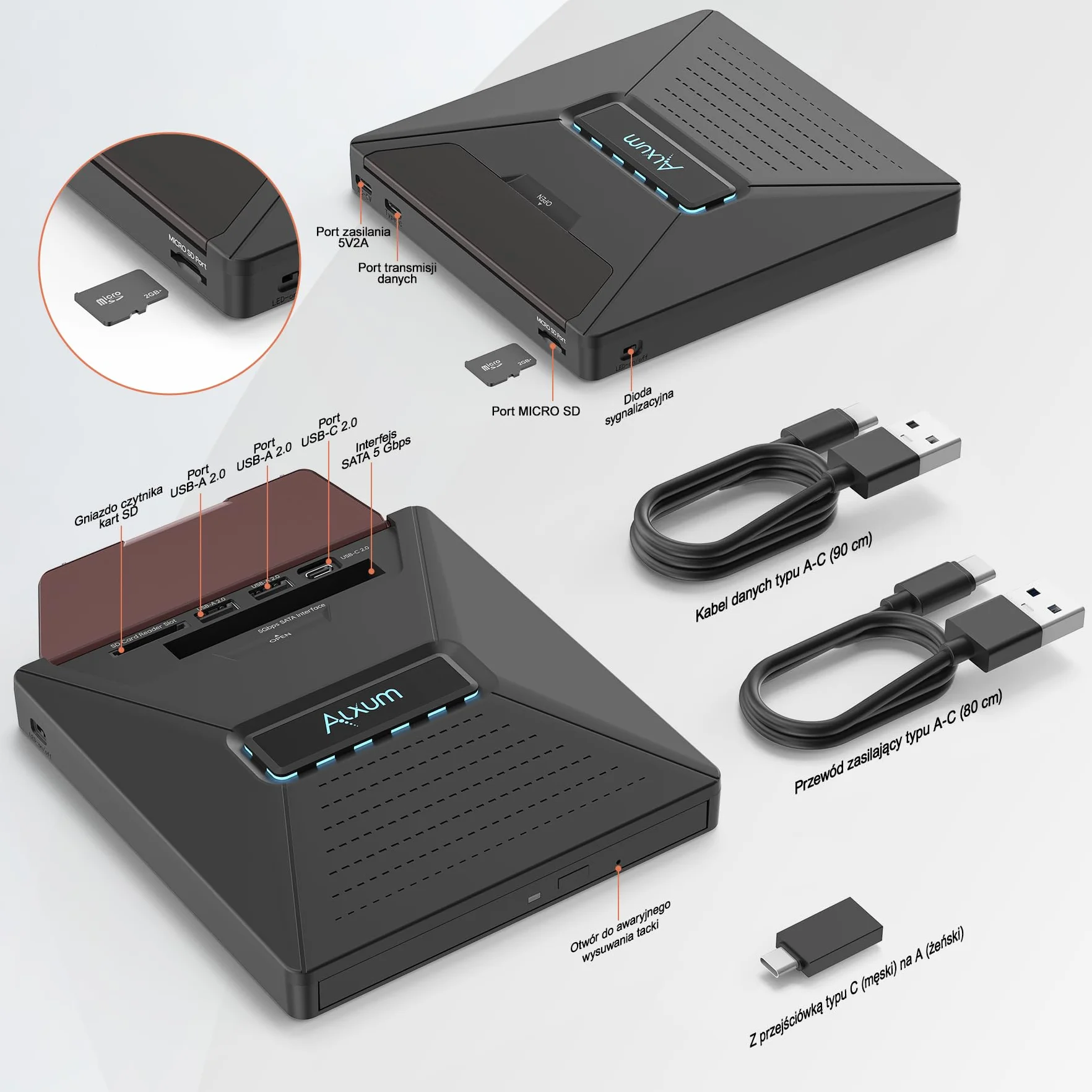 Alxum Zewnętrzny napęd DVD CD do laptopa, napęd CD zewnętrzny USB z interfejsem SATA, nagrywarka DVD zewnętrzna z czytnikiem kart SD/TF i portami USB, do laptopa, komputera, Windows, Linux, Mac OS