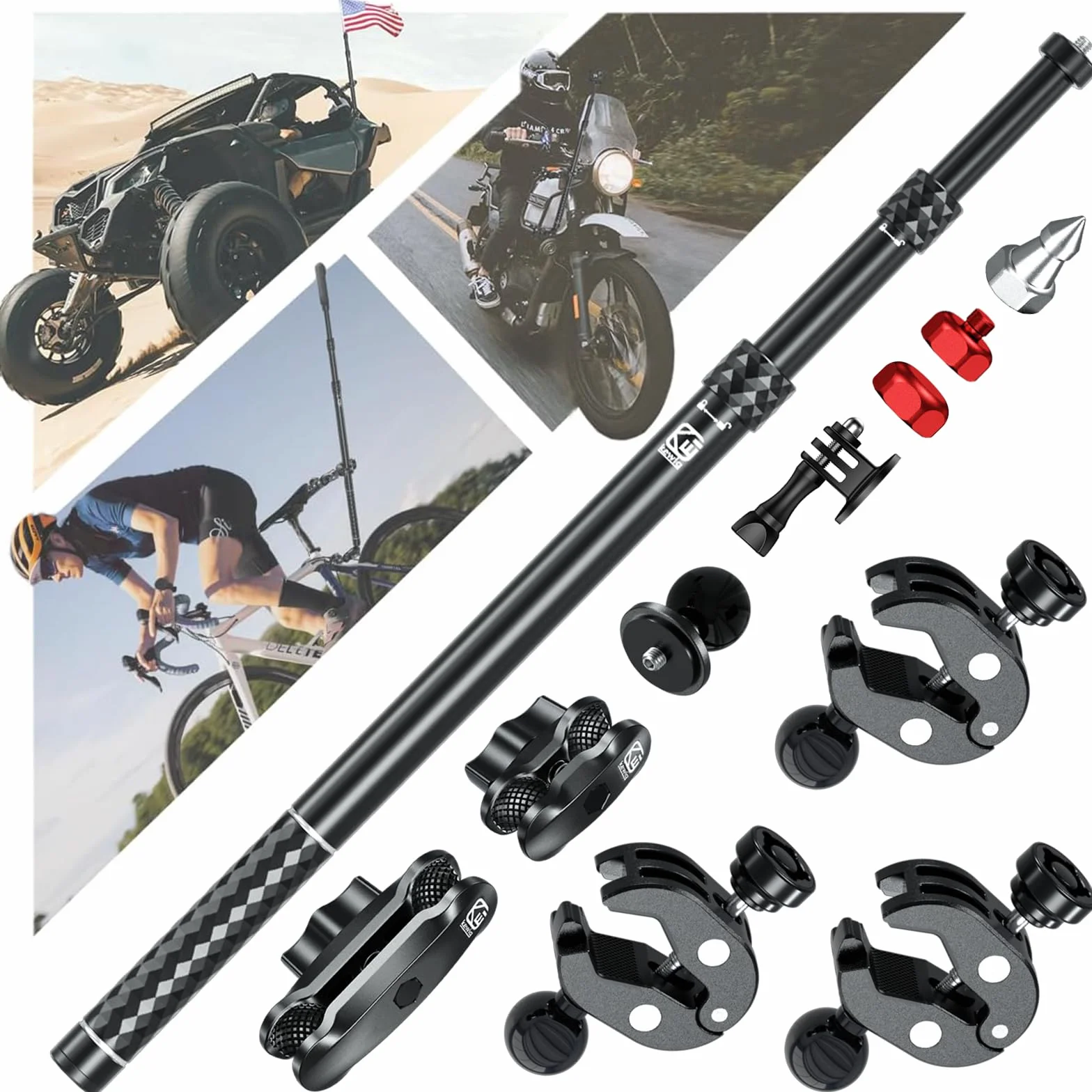Zestaw do montażu kamery sportowej do Gopro i Insta360, kij do selfie ze stopu aluminium z podstawą montażową antykradzieżową, obracany o 360°, wysuwany zacisk do masztu flagowego, pasuje do ATV UTV,