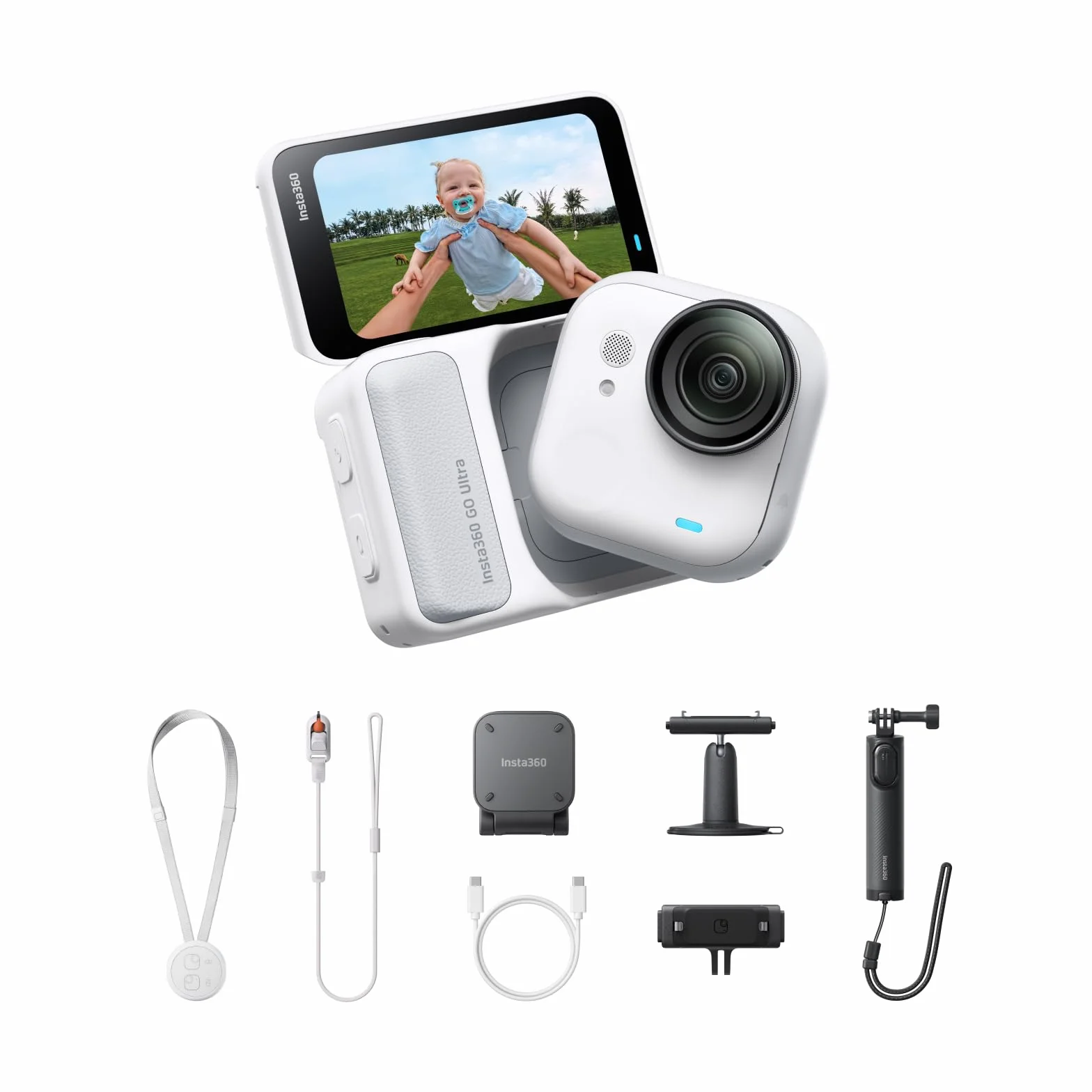 Insta360 Pakiet GO Ultra Creator Arctic White – mała kamera 4K, lekka i przenośna, doskonałość przy słabym oświetleniu, montaż w dowolnym miejscu, stabilizacja FlowState, żywotność baterii 200 min