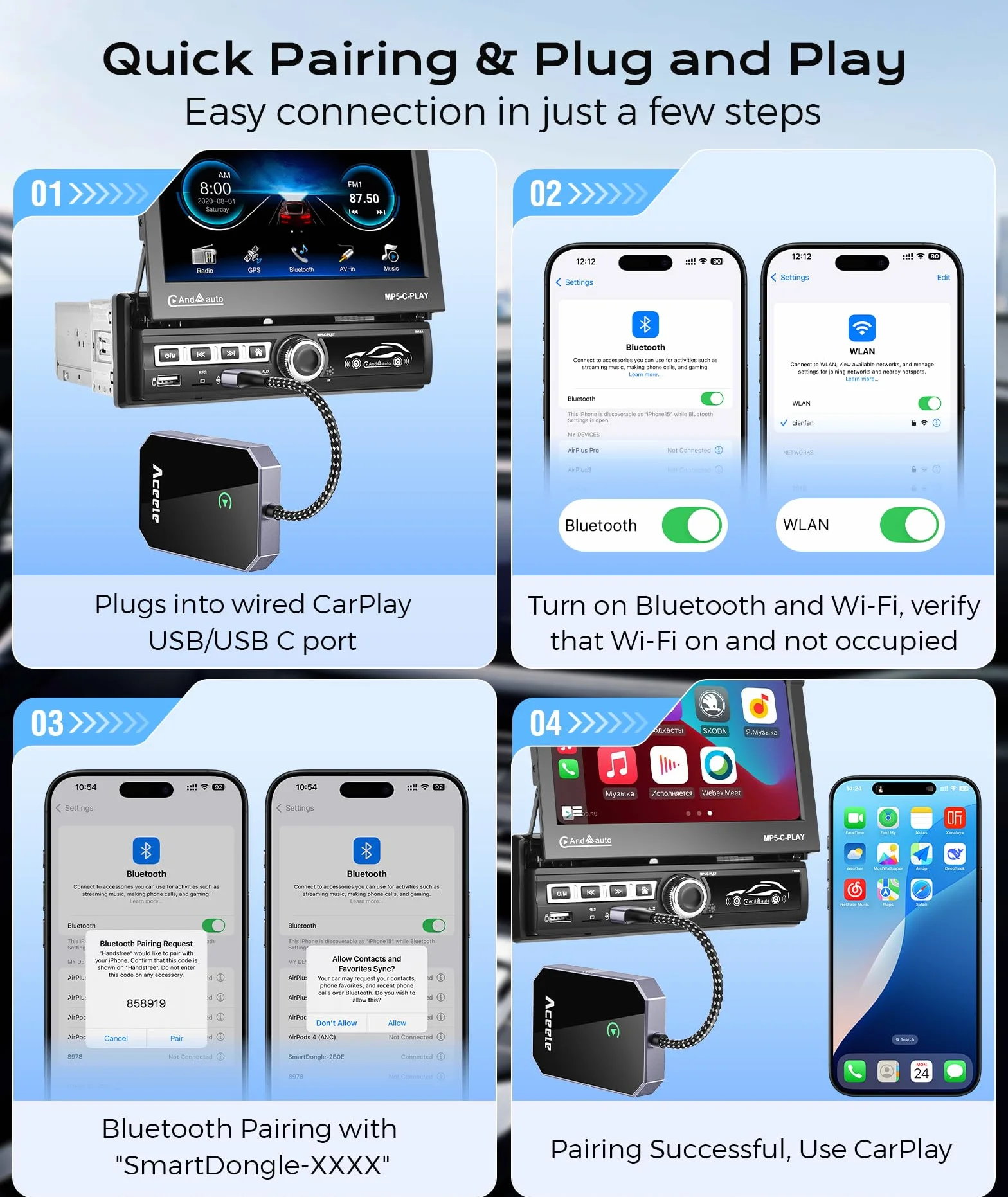 Aceele CarPlay bezprzewodowy adapter do Apple iPhone iOS 10+, USB C/A Car Play, adapter Plug and Play, Mini CarPlay pendrive USB do samochodów od 2016 roku (nie jest obsługiwany przez Android)