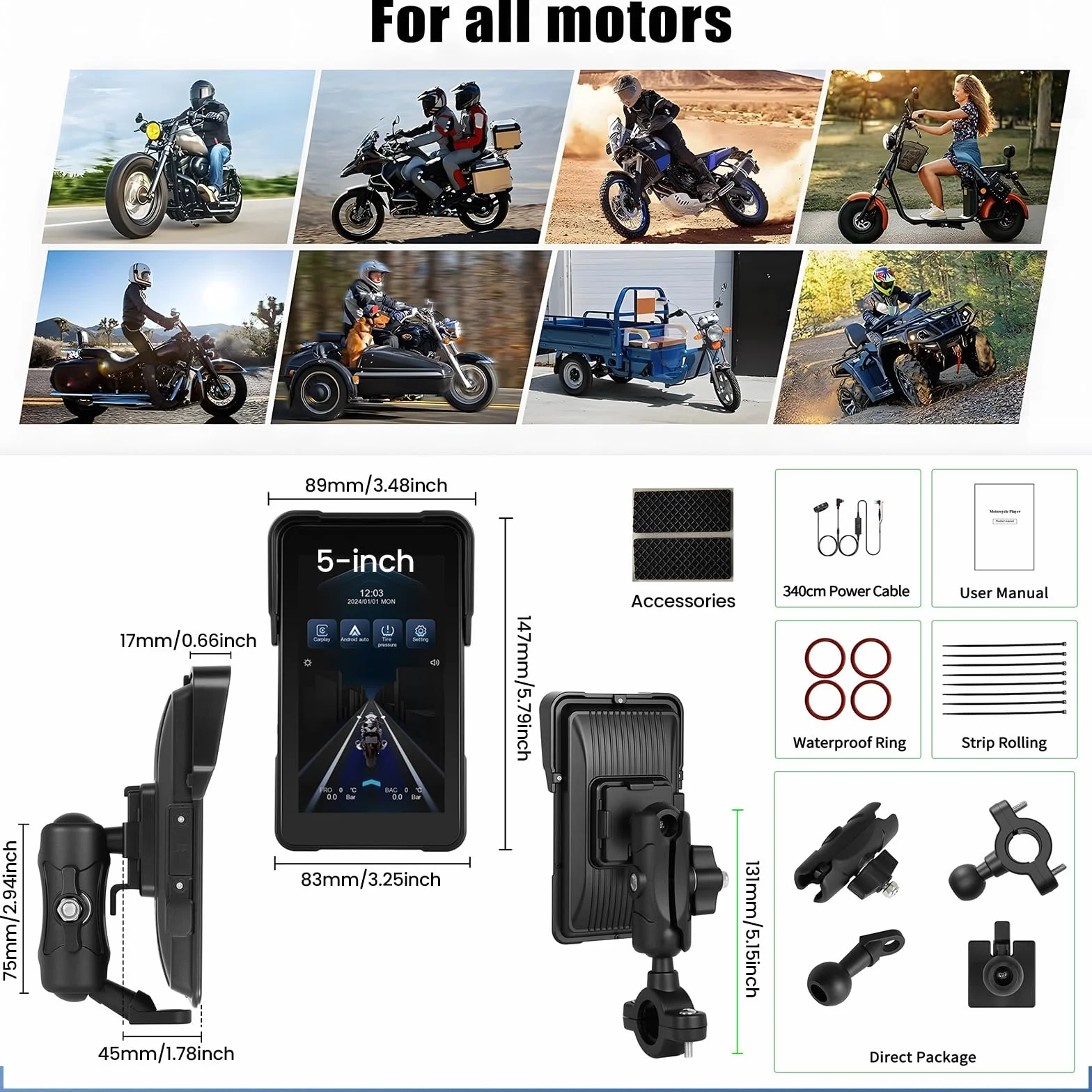 [2026 CARPLAY] CAMECHO 5-calowy pionowy ekran dotykowy bezprzewodowy CarPlay dla motocykli z Android Auto bezprzewodowym GPS IP68 Bluetooth i regulacją EQ dla uniwersalnych motocykli
