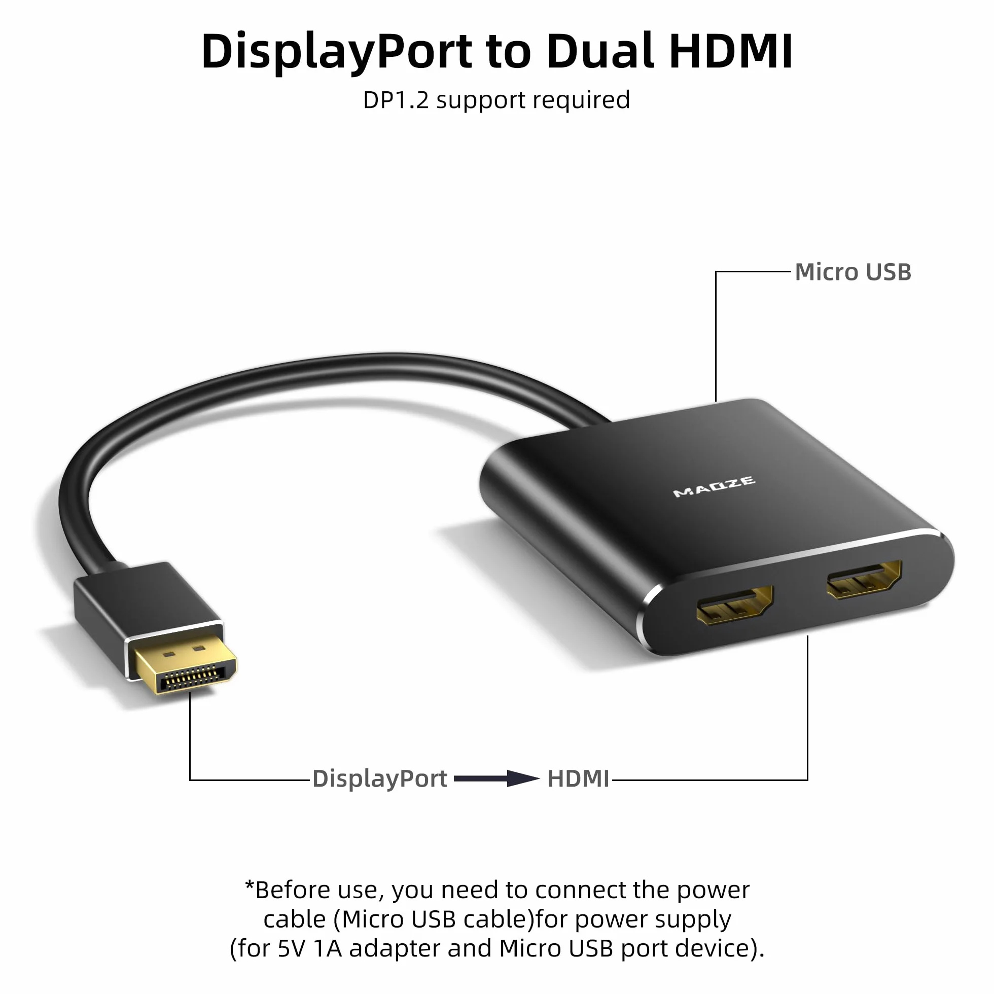 DisplayPort na Dual HDMI adapter 4K 60Hz, koncentrator MST do 2 monitorów Windows | Wejście DP 1.2, rozszerzony pulpit MST, **kompatybilny z komputerami z systemem Windows oraz kartami graficznymi NVIDIA i AMD