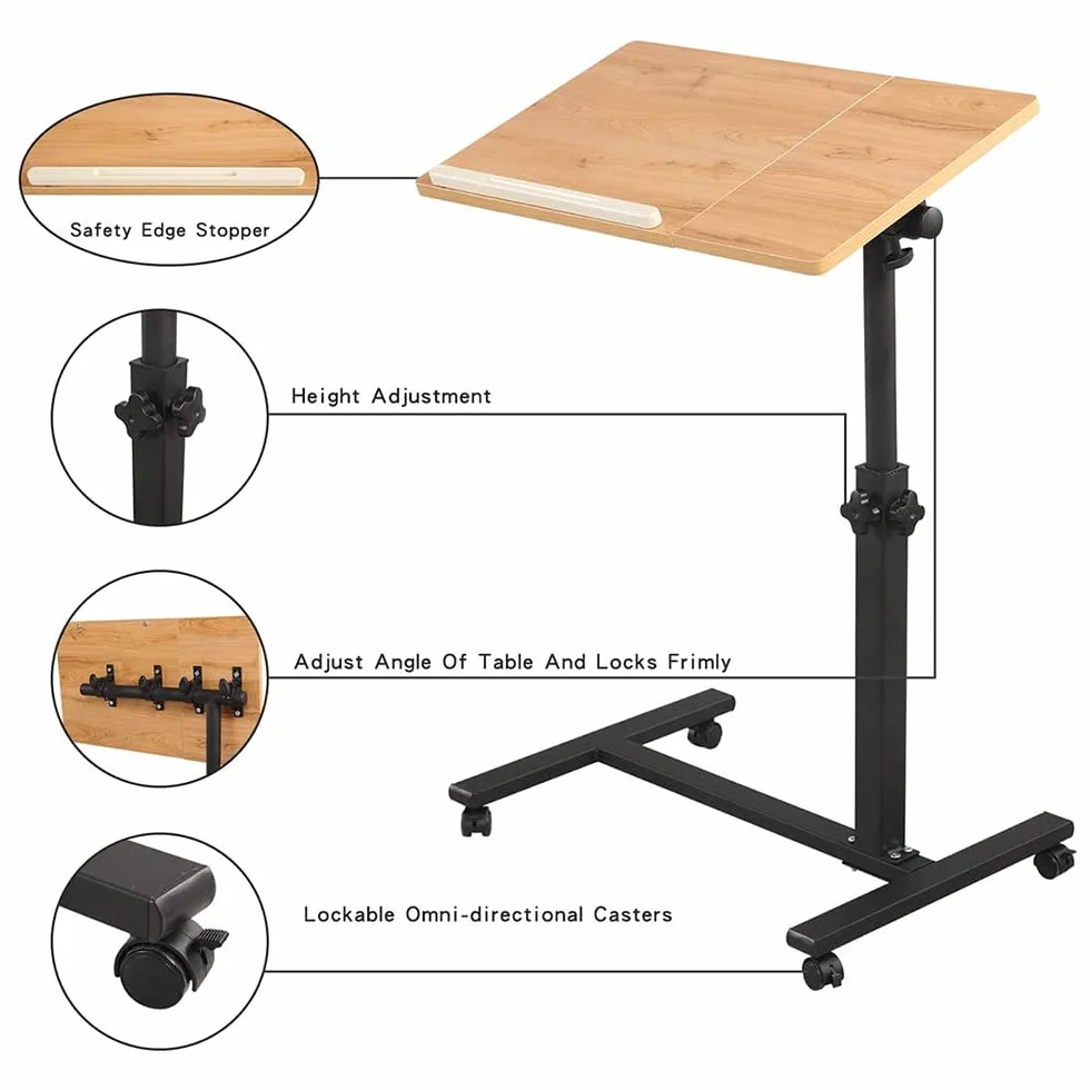 Stolik do laptopa z regulacją wysokości kółek Składany stojak H x szer. x gł.: 60 x 34,5 x 58-90 cm, stół do komputera Wysokość drewna, biurko (60 x 34,5 x 58-90 cm (kolor drewno)