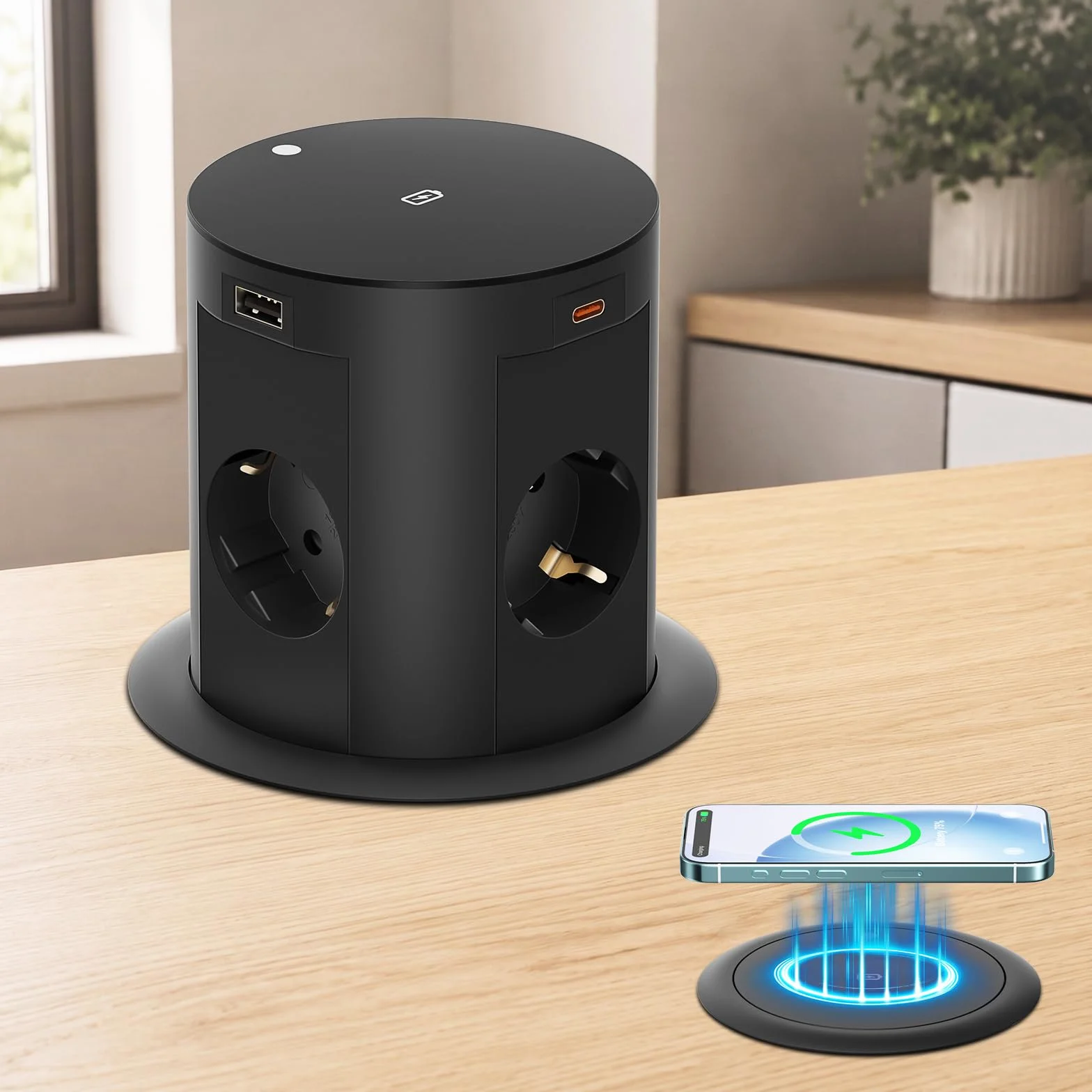 Wysuwane gniazdko elektryczne z bezprzewodowym ładowaniem 15 W, 4 USB, gniazdko stołowe do kuchni, biura i blatu roboczego, kabel 1,8 m, Ø 100 mm, czarne