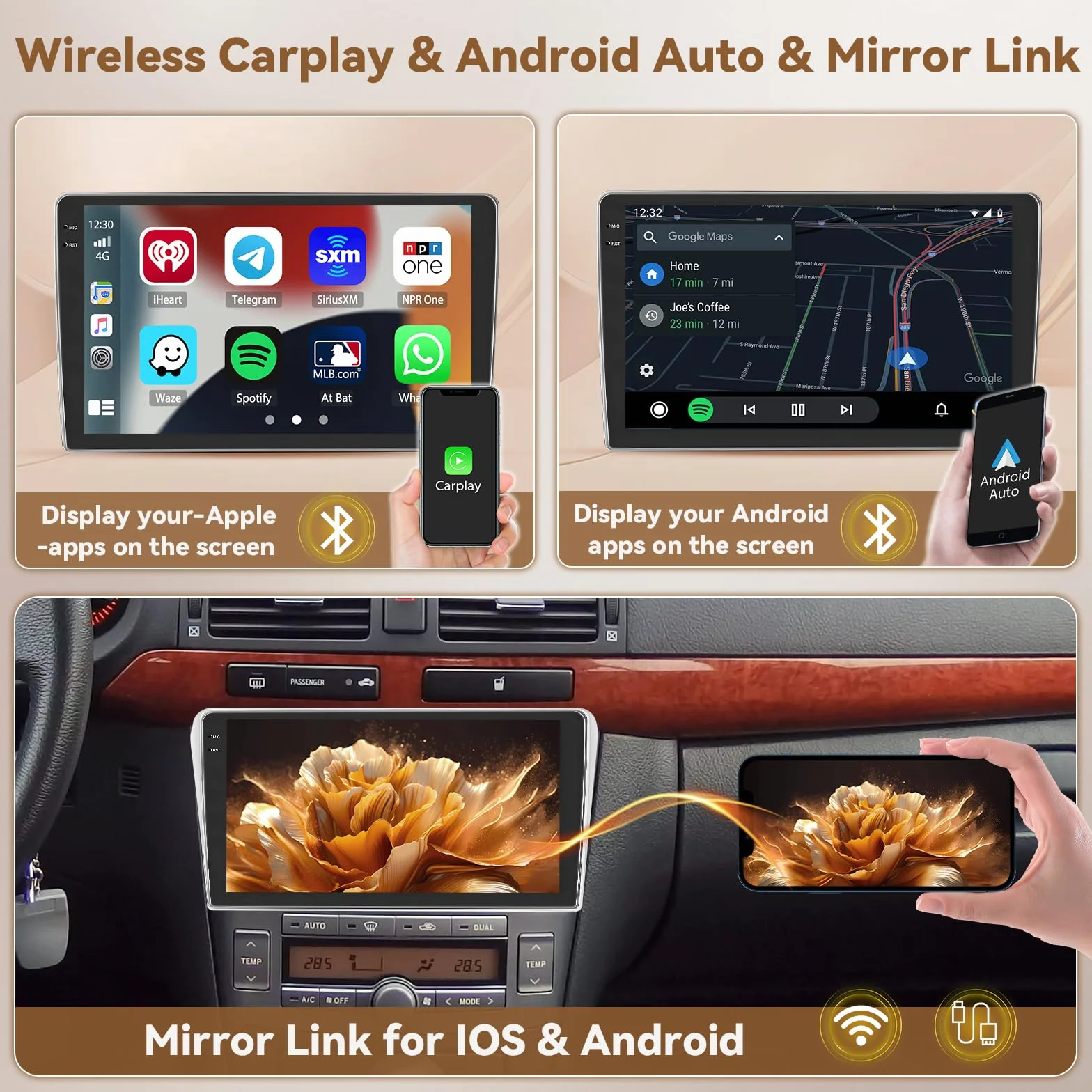 Hikity Radio samochodowe Android 15 4+128G dla Toyota Avensis 2002-2008 z ekranem dotykowym 9 Zoll, radio samochodowe 2DIN z bezprzewodowym odtwarzaczem Carplay Android Auto, FM/RDS Radio BT GPS WiFi