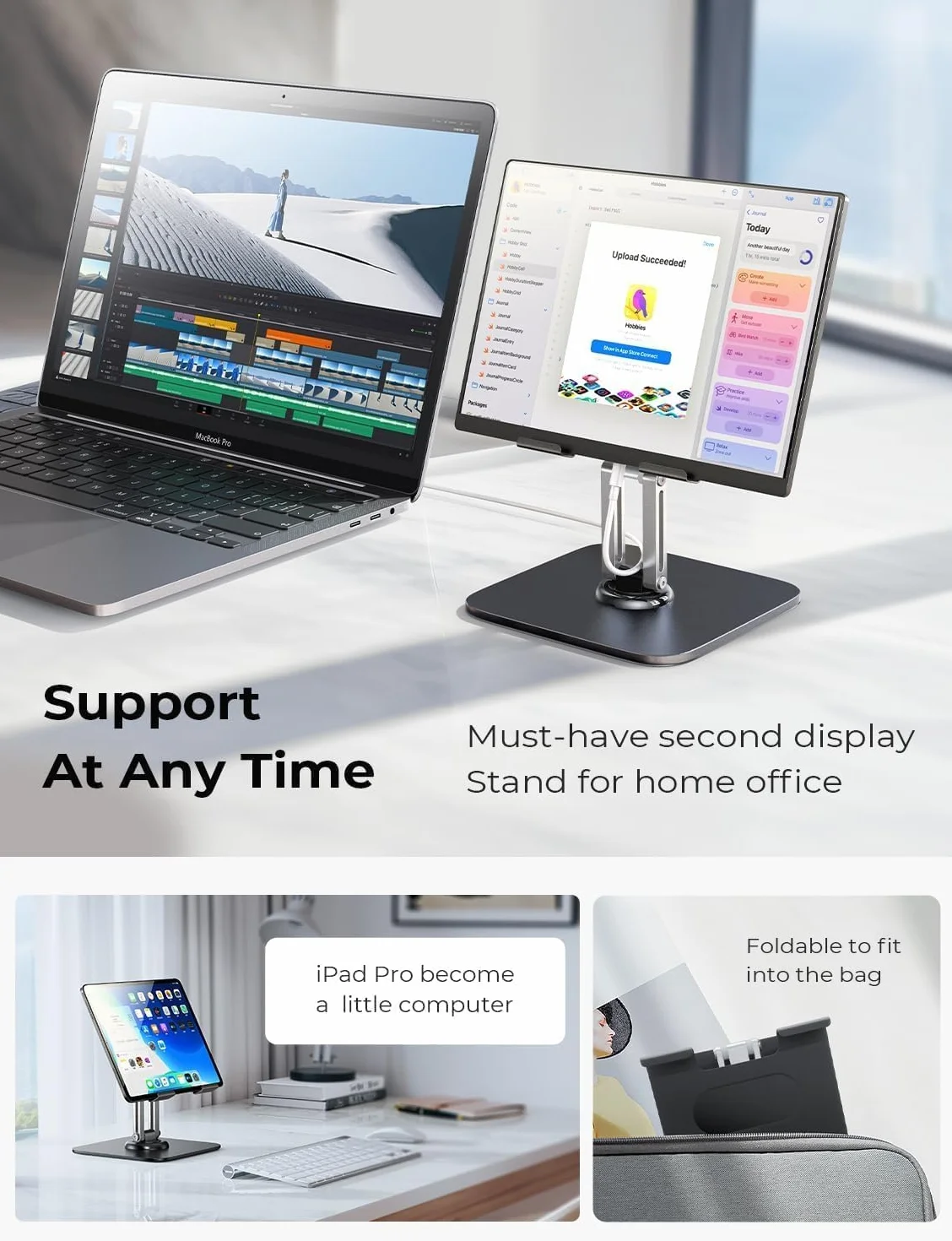 Stojak na tablet, obracany o 360°, regulowany, aluminiowy uchwyt na tablet, składany aluminiowy uchwyt na tablet iPad Pro, Air, Mini/Samsung Galaxy Tab/Kindle i wielu innych (10,2-33 cm)