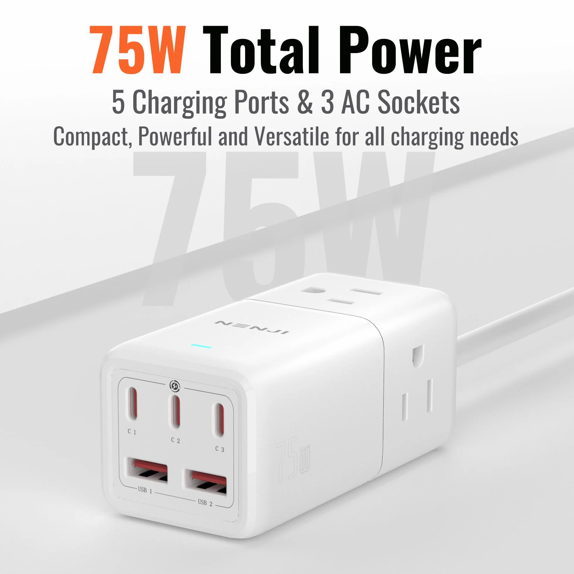 NENJI Super szybka stacja ładująca GaN USB-C 75 W, listwa zasilająca 8 w 1 z 5 portami USB i 3 gniazdami AC, inteligentne ładowanie, szybka ładowarka PD do iPhone'a, Samsunga, iPada, MacBooka