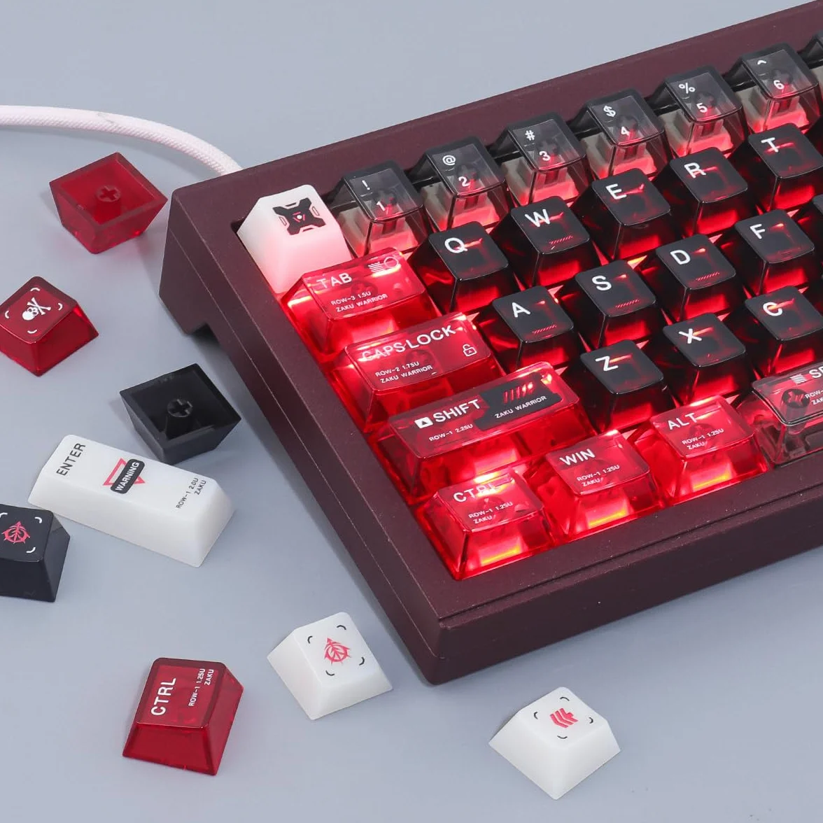 JakeTsai Podwójne nasadki klawiszy PC, 138 klawiszy, czerwone, czarne, przezroczyste klawisze, przezroczyste nakładki na klawisze z profilem wiśniowym do Cherry MX Switch ANSI i ISO układ klawiatury