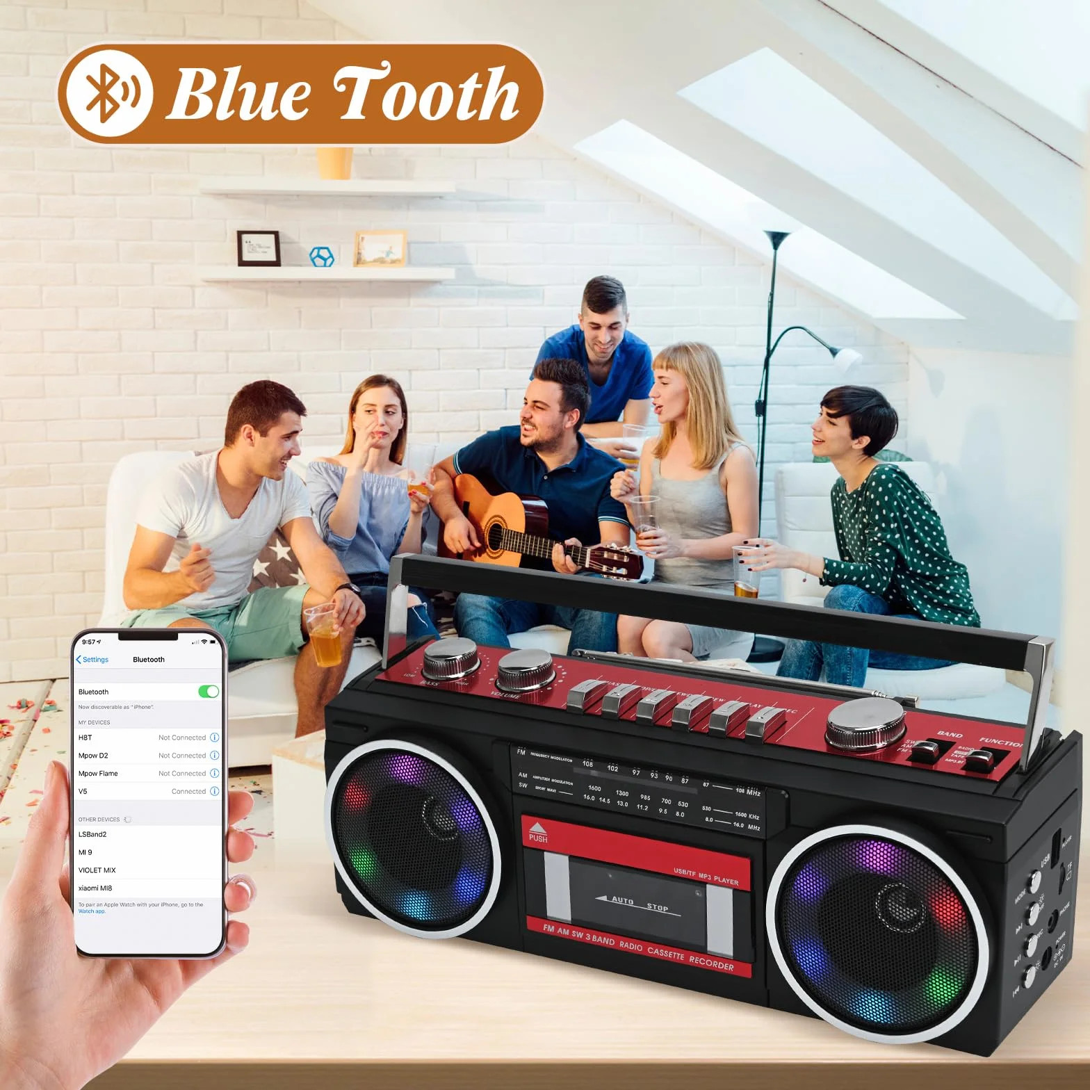 Przenośny odtwarzacz kasetowy Boombox AM/FM/SW radio stereo, odtwarzacz kasetowy, odtwarzacz MP3, Bluetooth, USB, RGB, karta TF (czerwony)