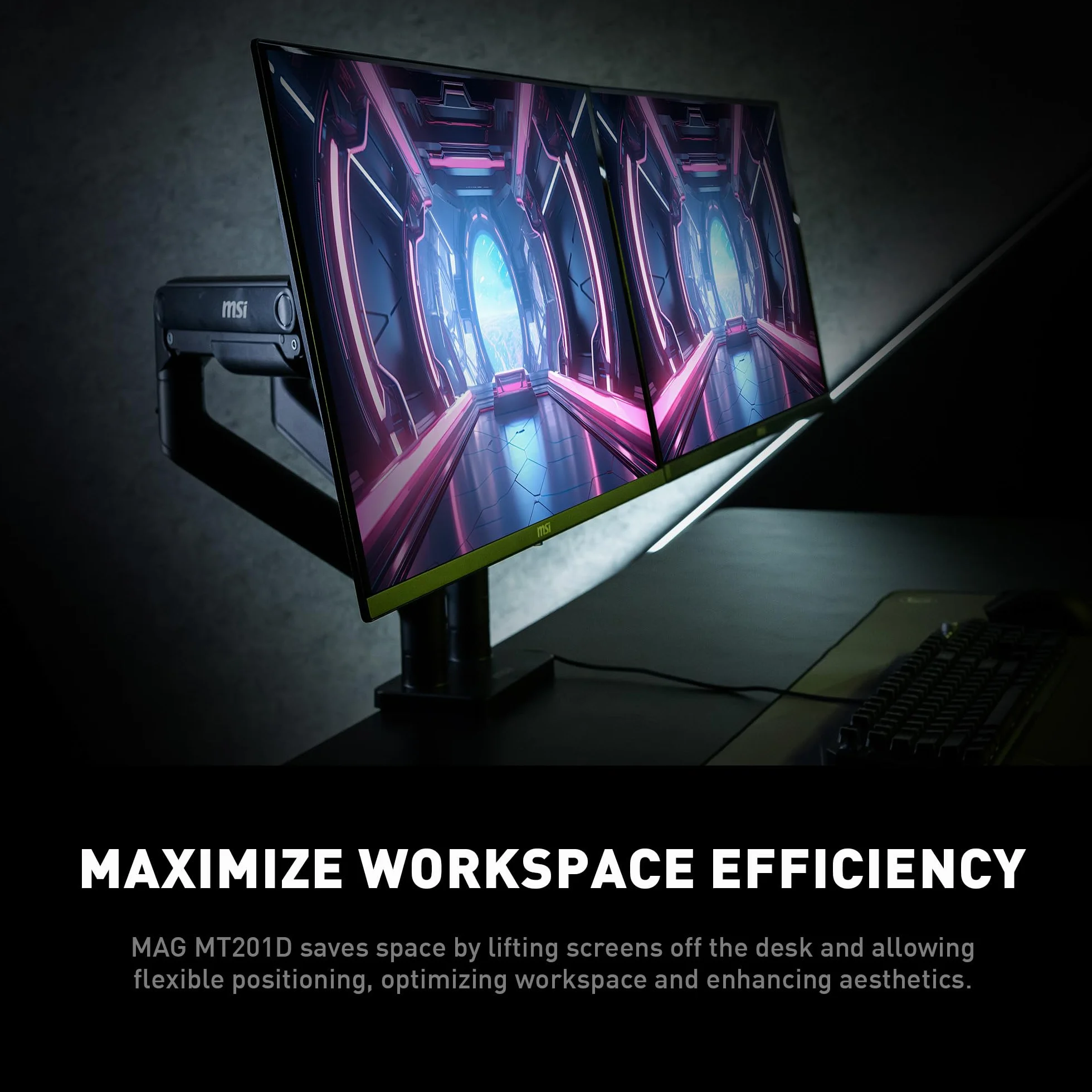 MSI MAG MT201 - Wysokiej jakości wytrzymałe pojedyncze ramię stojaka, obsługuje ekrany 43.2-124.5 cm i 20.0 kg, kompatybilny z VESA, regulowany uchwyt ze sprężyną gazową, zacisk i przelotka, płyta
