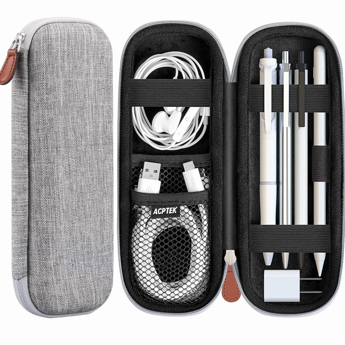 AGPTEK Etui na Apple Pencil, Premium sztuczna skóra etui ze szlufką na rysik etui ochronne do Samsung, Huawei, Surface Pro, z wbudowaną półką i pasującym do kabla USB, szare