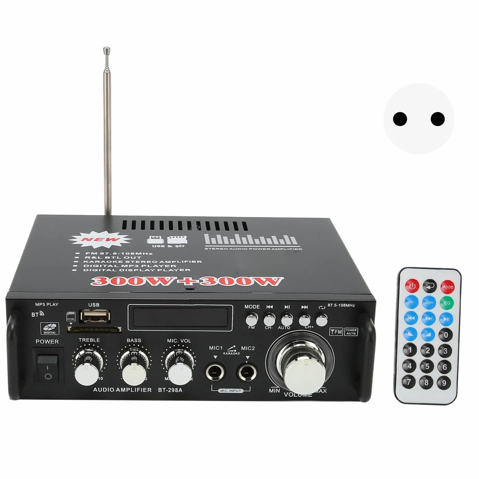 Wzmacniacz Mocy, 300W 300W Dobra jakość Dźwięku Stabilny Łatwe Podłączenie Wzmacniacz Stereo Bluetooth z Portem Karty Pamięci USB do Głośników Domowych (Wtyczka UE 220 V)