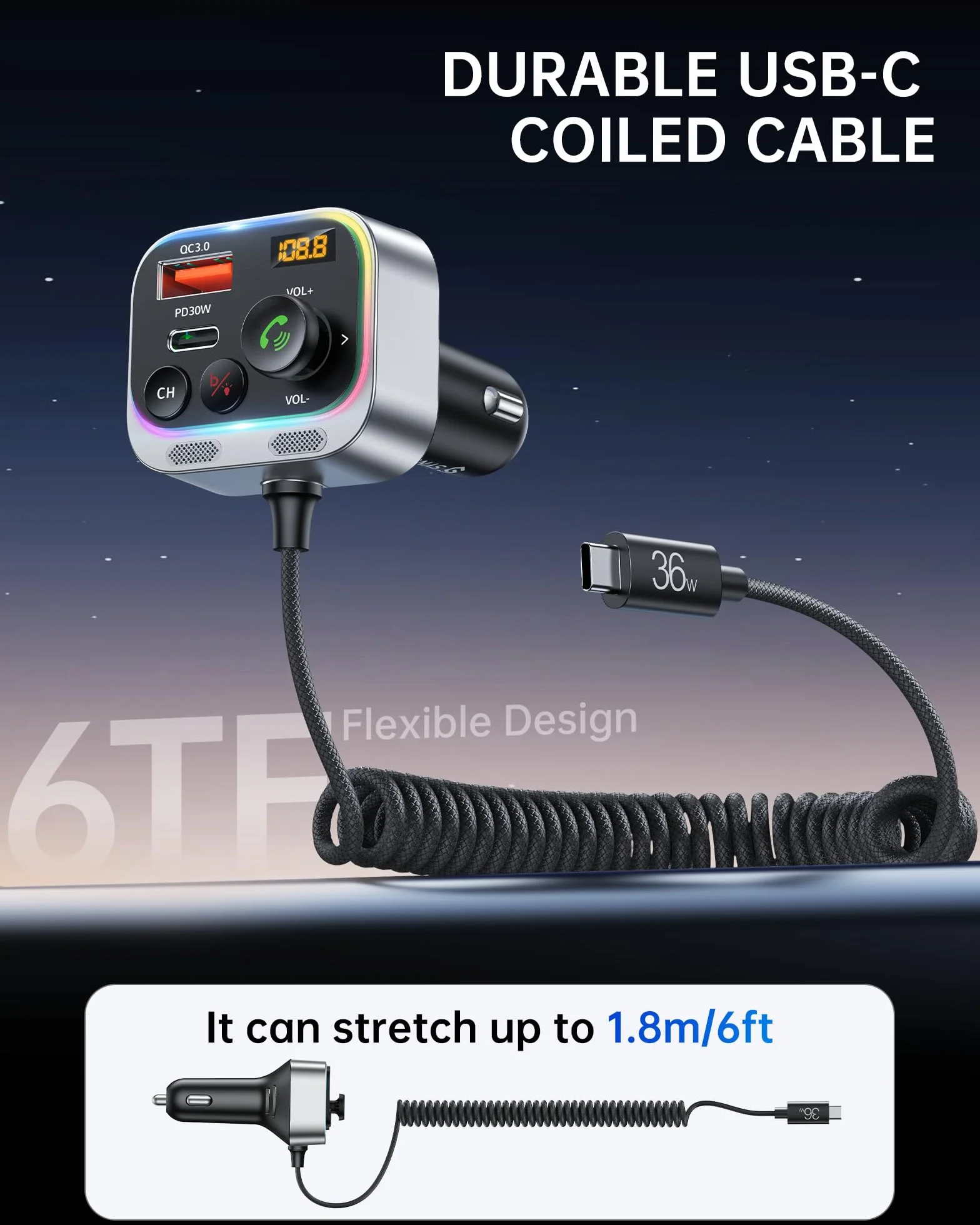 Syncwire Transmiter FM Bluetooth 5.4, adapter samochodowy, 66 W, PD QC 3.0, ładowarka samochodowa z kablem spiralnym USB-C, bezprzewodowy adapter radiowy FM, silne mikrofony i basowy dźwięk Hi-Fi,