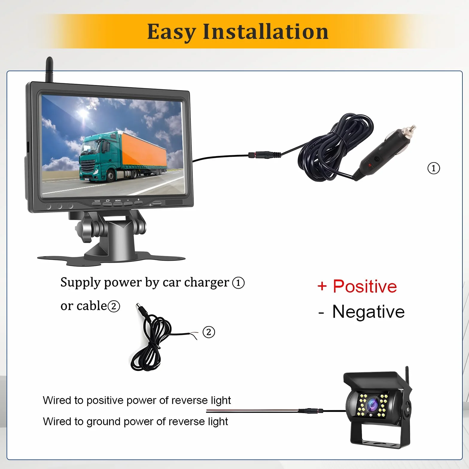 Hikity Kamera cofania, bezprzewodowa, stabilne sygnały, kamera cofania, zestaw radiowy z 7-calowym monitorem LCD, wodoodporność IP67, noktowizor, bezprzewodowy asystent parkowania dla samochodów cięża