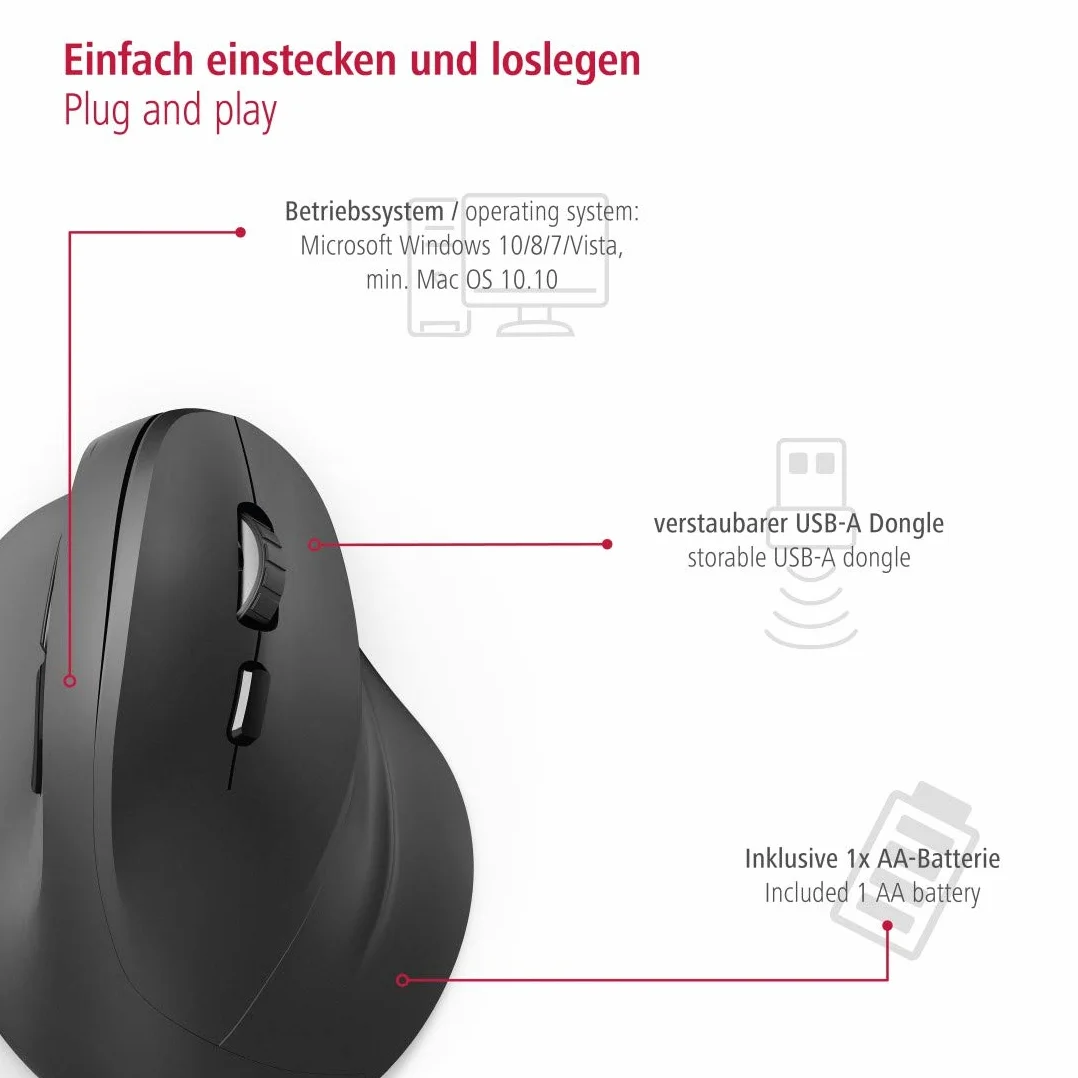 Hama Bezprzewodowa mysz ergonomiczna 6 przycisków 3600 DPI czarny
