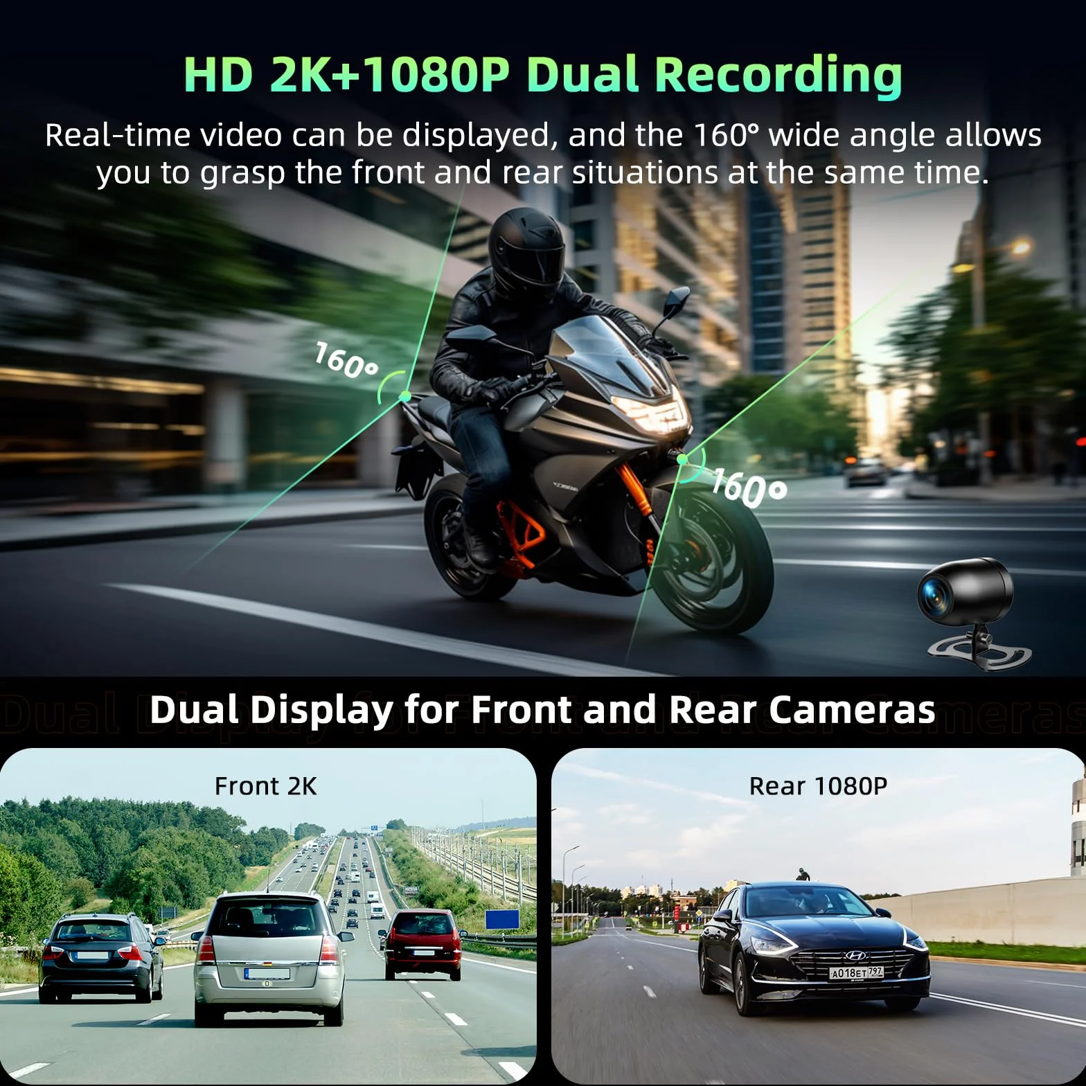 Volam Carplay Motorcycle Android Auto, przenośny wyświetlacz Carplay z kamerą przednią i tylną 2K+1080P dla motocykli, wodoodporny ekran dotykowy 5,5 cala, nawigacja, asystent Siri/G-oogle, aplikacja