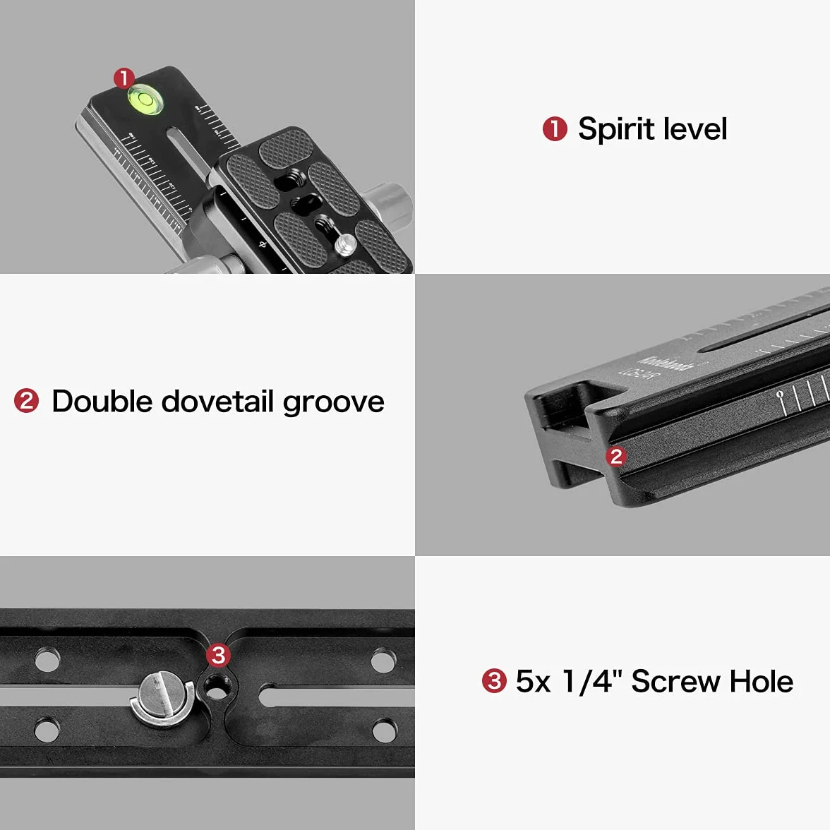 Koolehaoda 240 mm szyna węzłowa prowadnica metalowa Arca-Swiss Quick Release Plate Clamp, podwójny uchwyt kamery jaskółczy ogon uchwyt do aparatu DSLR statyw monopod głowica kulowa fotografia makro | Aluminiowa płyta szybkiego zwalniania CNC z poziomicą,