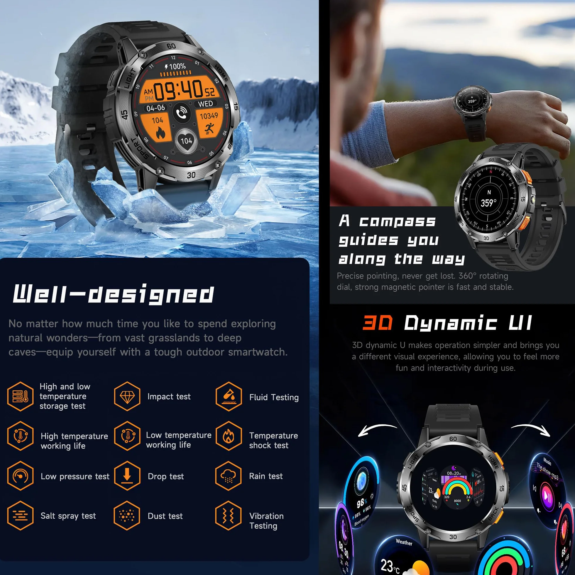 Wojskowy inteligentny zegarek (odbieranie/nawiązywanie połączeń) dla mężczyzn, smartwatch 1,53" do Androida i iPhone'a, monitor fitness IP68 z latarką/kompasem/pomiarem tętna/snem/100+ trybami