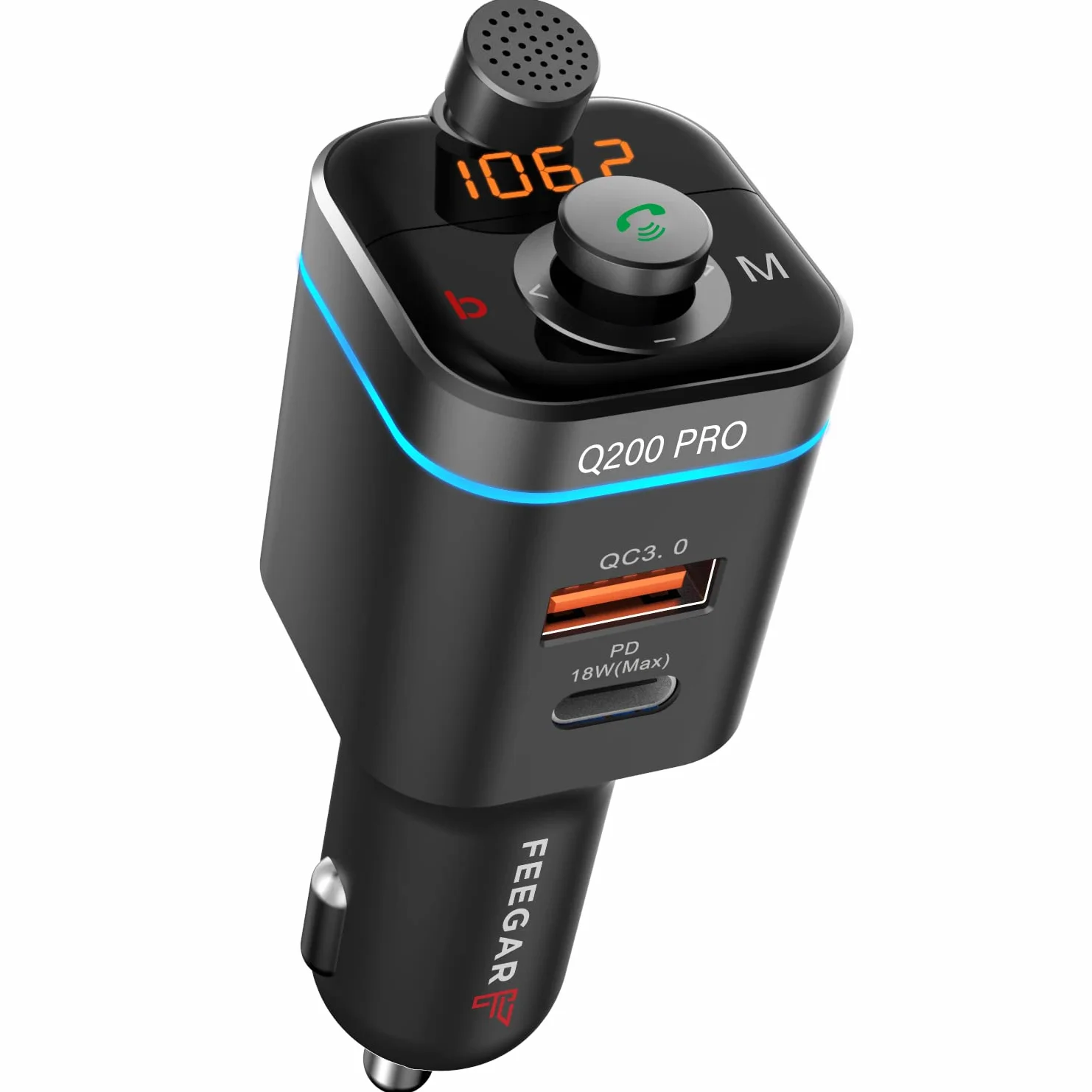 Feegar Q200 Pro Transmiter FM Bluetooth 5.0 QC3.0 4.0 PD SD MP3 USB-C 12-24 V Ładowarka 42W typ C 87,5–108,0 MHz Regulowany mikrofon HD Bass Boost Efekt Siri