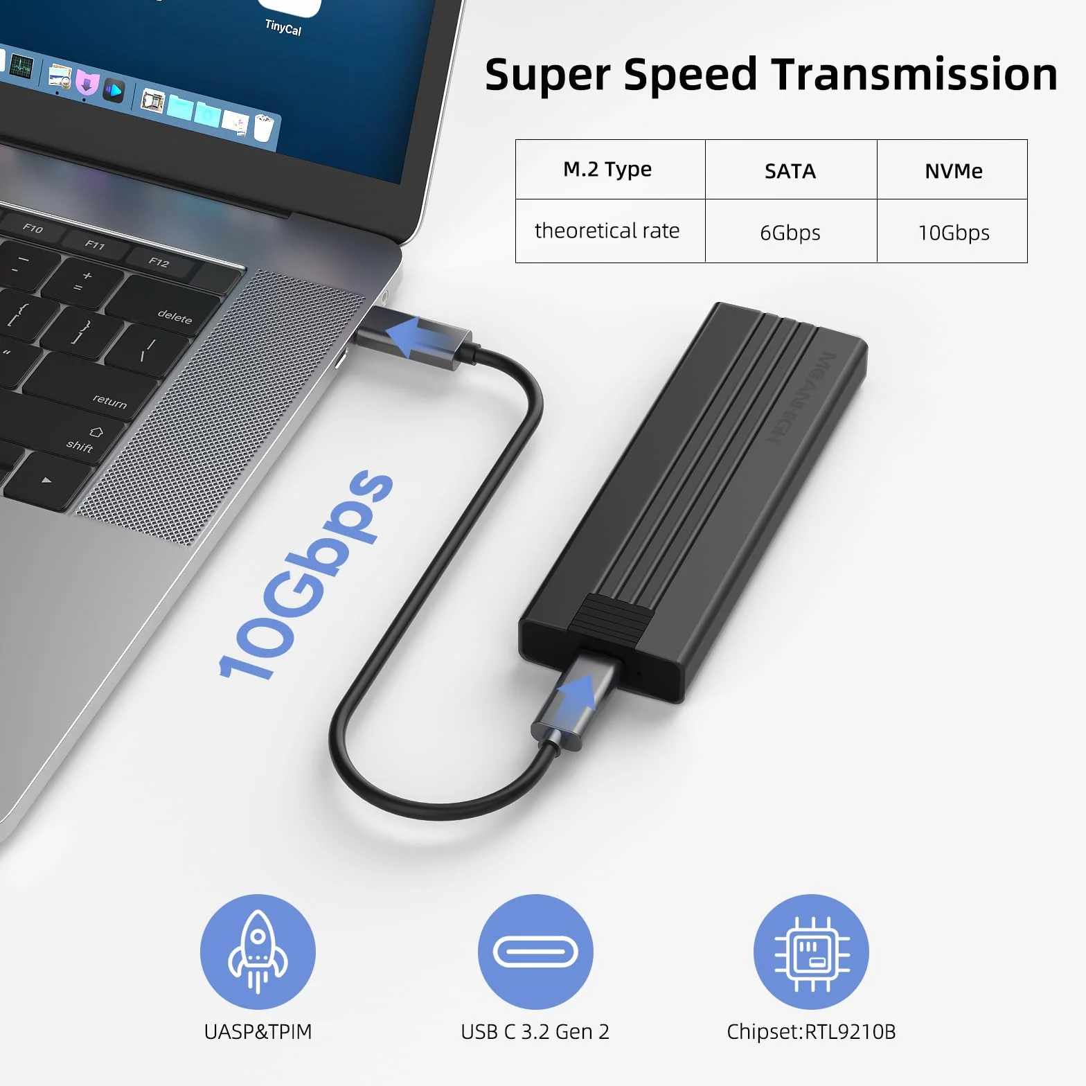 Obudowa M.2 NVME SATA SSD, bez użycia narzędzi, adapter USB 3.2 Gen 2, 10 Gb/s, NVME na USB, obsługuje zewnętrzne etui na dysk SSD M i B&M do rozmiaru 2242/2260/2280 (do 8 TB)