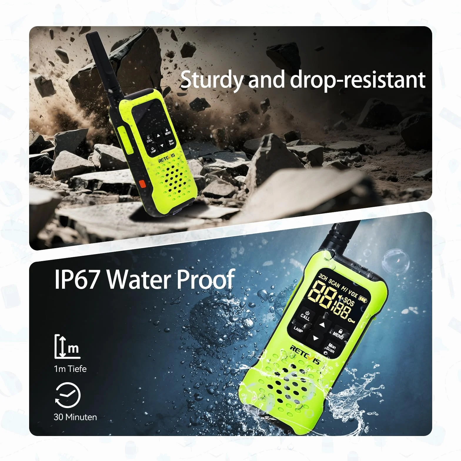 Retevis RT649P Walkie Talkie Wodoszczelny Pływak PMR 446 Bez Licencji 16 Kanałów Latarka LED CTCSS/DCS VOX Na Zewnątrz Ratować Nagły Wypadek Kajak Wędkarstwo Polowanie Surf Lato (1 para, zielona)