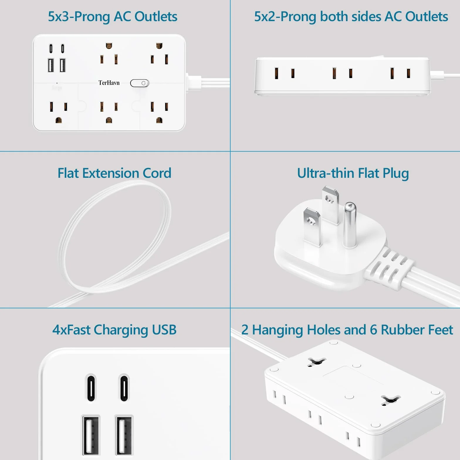 listwa zasilająca chroniąca przed przepięciem, płaski kabel przedłużający 1 stopę, 10 wyjść AC i 4 porty USB (5 V/3,4 A 17 W), 1080J, stacja ładująca do komputera