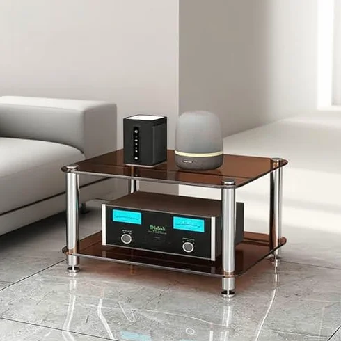 Stojak Na Sprzęt Audio Ze Szkła Hartowanego – 1-Poziomowy Stojak Na Sprzęt Hi-Fi, Szafka Stereo I Półki Do Salonu, Gier, Nagrań, Spotkań I Sypialni – Przezroczysty Design, Brązowy, 2-Poziomowy