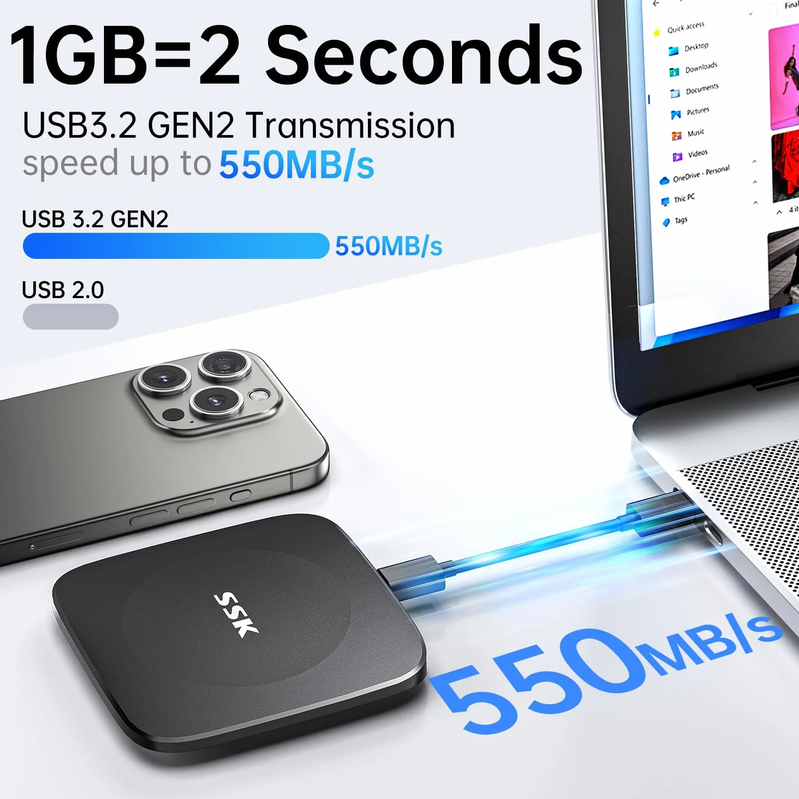 SSK Zewnętrzny dysk twardy 2TB SSD, do 550 MB/s, przenośny SSD, z kablem USB-C, szybki do iPhone 15/Android/Windows/Tablet