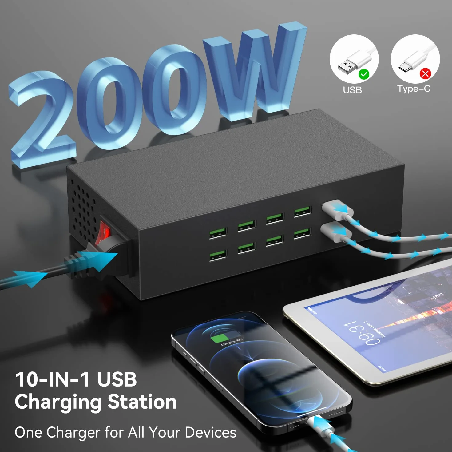 Stacja ładująca do wielu urządzeń, 10-portowa stacja ładująca USB 200W/20A, koncentrator ładowania USB 10 w 1, wiele stacji ładujących USB do iPhone'a, iPada, Samsung, tabletów