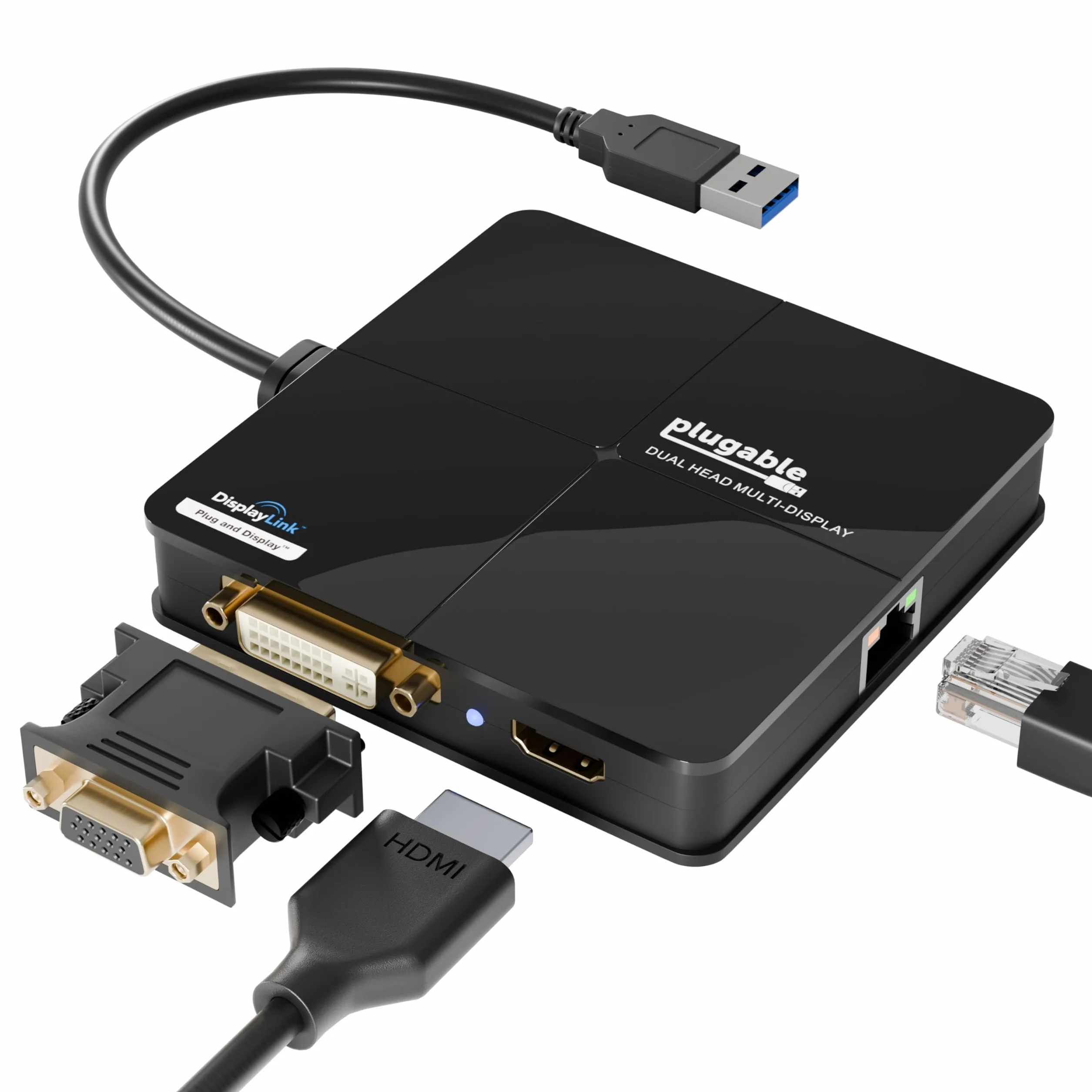 Plugable USB 3.0 podwójna karta graficzna (DVI/VGA Plus HDMI) i adapter Gigabit Ethernet (DL3900) do Windows 10, 8.1, 8, 7 i XP