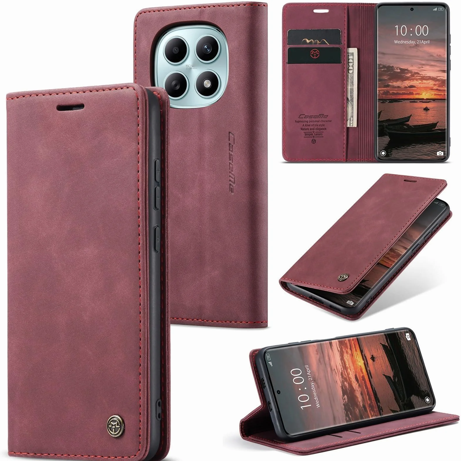 Portfel Etui do Xiaomi Redmi Note 15 4G Case, Skórzane PU z Klapką, Pełna Ochrona Przegródki na Karty Stojak Magnetyczna Kieszeń do Xiaomi Redmi Note 15 4G, Czerwone wino