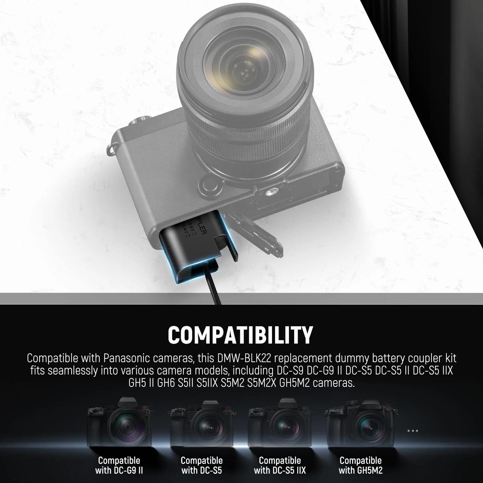 NEEWER Adapter AC DMW-BLK22 i zestaw do ładowarki Factice łącznik prądu stałego kompatybilny z Panasonic Lumix GH5 II GH6 II S5IIX, S5IIX, S5M2, S5M2X, GH5M2