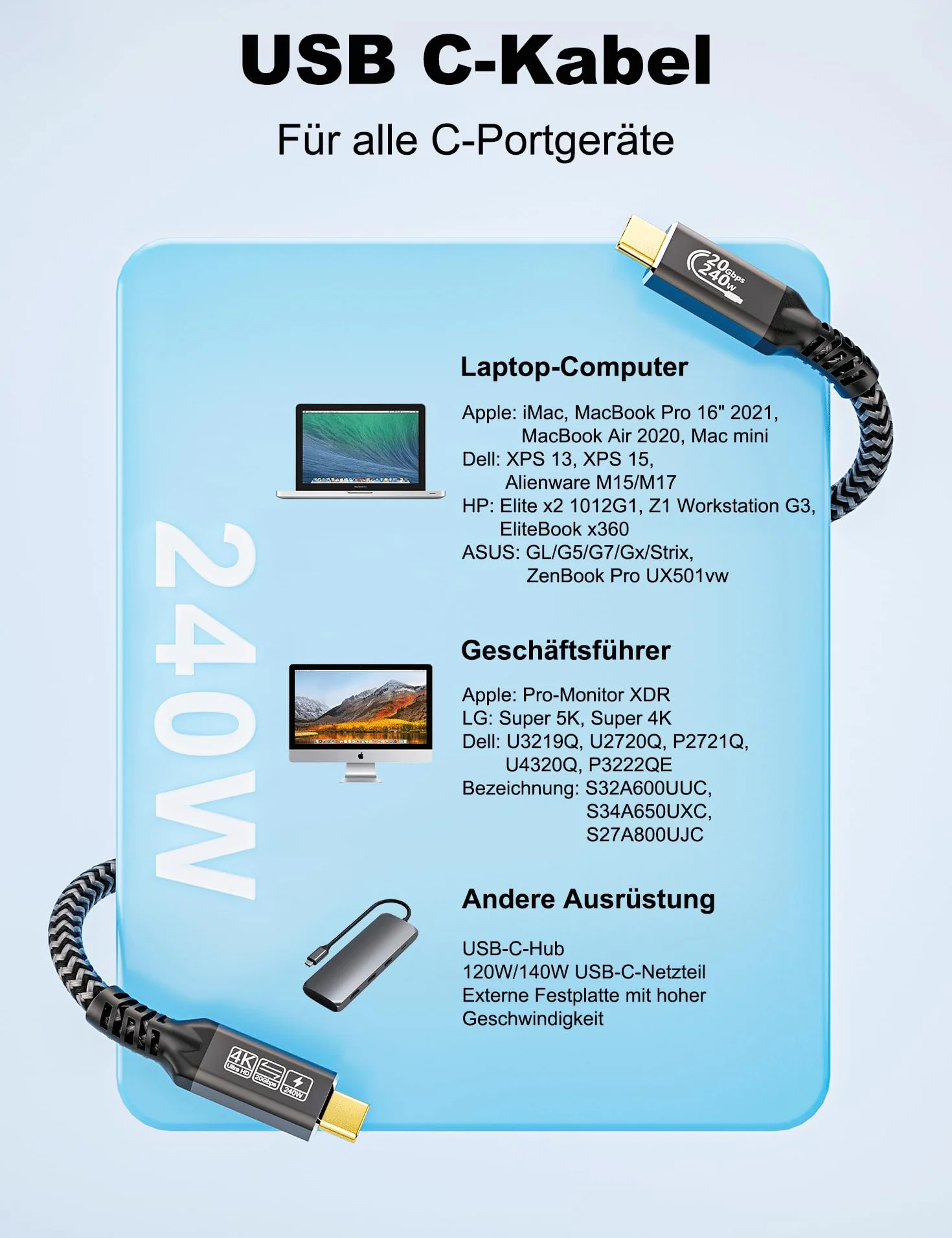 CAKOBLE Kabel USB C 5 m, [2 sztuki 5 m], kabel USB 3.2, 20 Gb/s, kabel USB C do szybkiego ładowania, PD 3.1, 240 W, wideo 4K 144 Hz, wideo do koncentratora, stacji dokującej, M3, SSD, eGPU, laptopów
