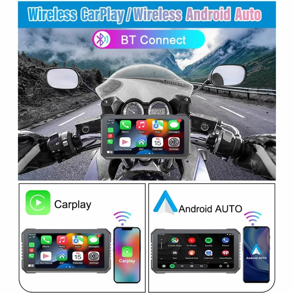 6,25 rejestrator motocyklowy, bezprzewodowy CarPlay do systemu Android, nawigacji GPS, Bluetooth, wodoszczelny ekran dotykowy